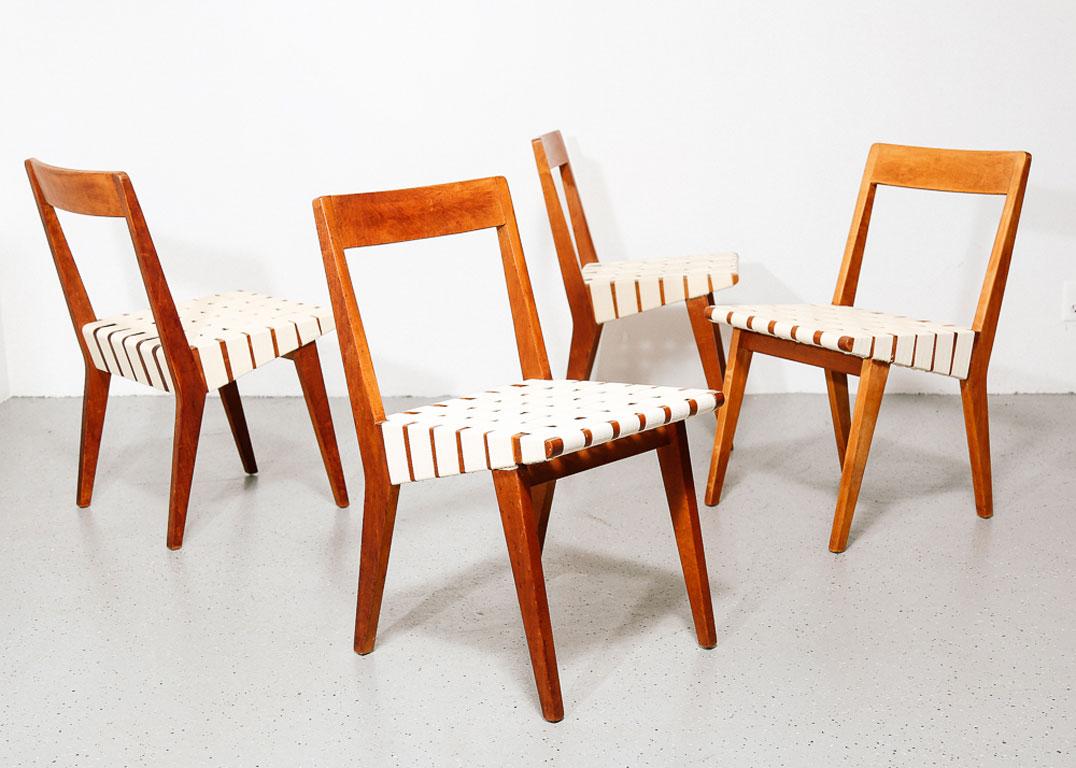 Spectacular set of 4 dining chairs designed by Jens Risom and made by Knoll.

This model 666 was only taken into production for a short while in the 1940s. Here’s you chance to own a true design icon.

The maple wood frames have been refinished