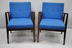 Vintage Jens Risom Rosewood Mid Century Modern Blue Fabric Lounge Chairs - Pair