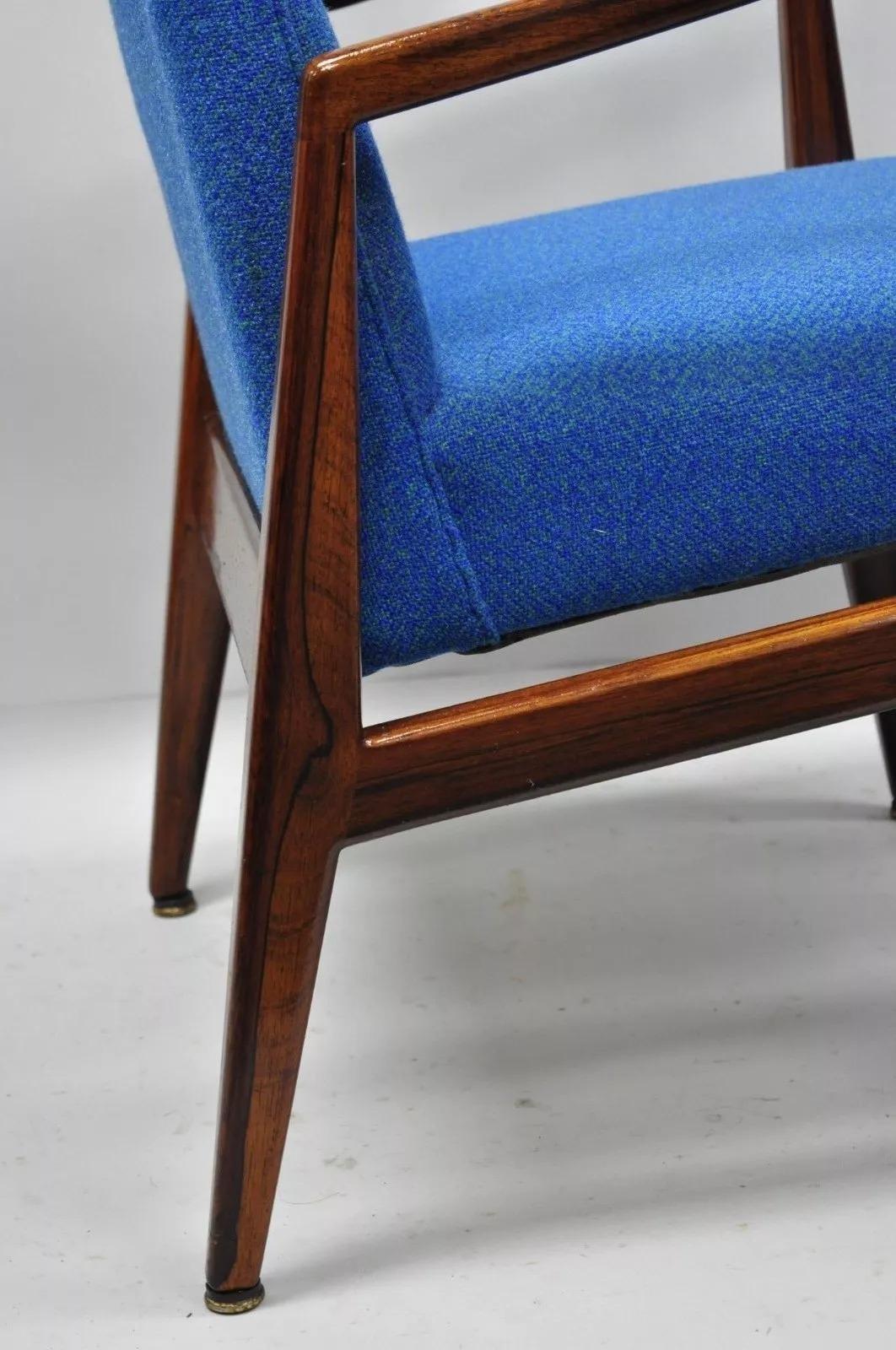 Unknown Vintage Jens Risom Rosewood Mid Century Modern Blue Fabric Lounge Chairs - Pair For Sale