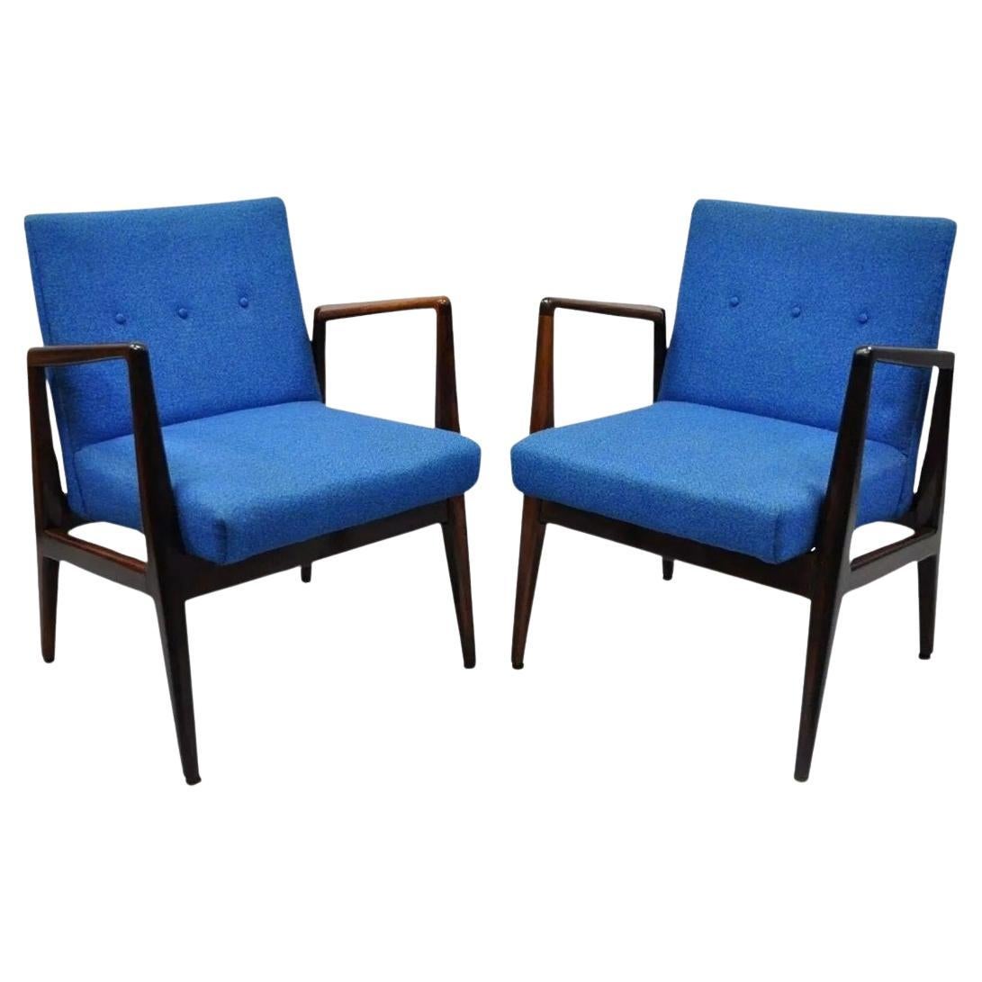 Vintage Jens Risom Rosewood Mid Century Modern Blue Fabric Lounge Chairs - Pair For Sale