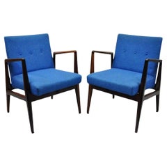 Vintage Jens Risom Rosewood Mid Century Modern Blue Fabric Lounge Chairs - Pair