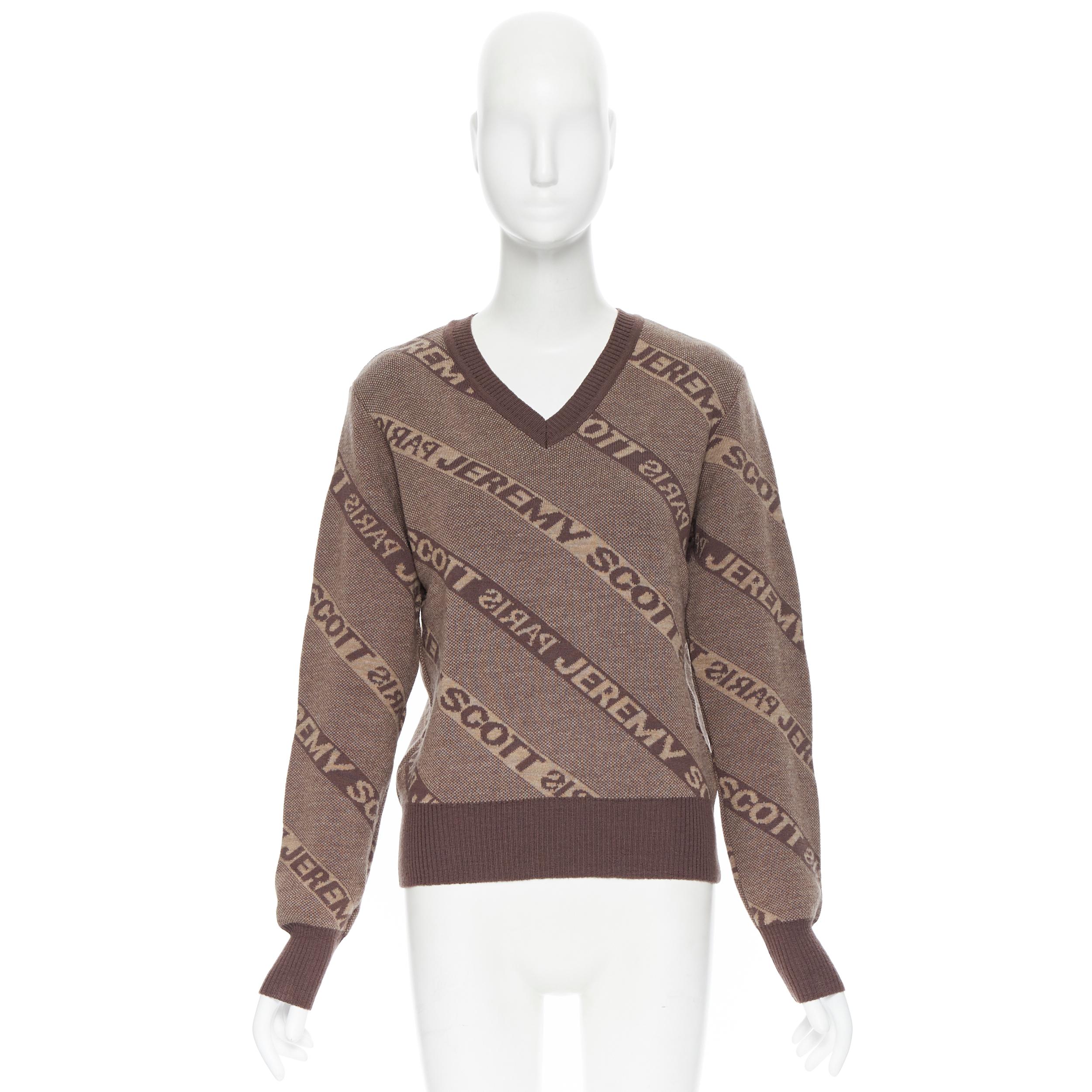 Gray vintage JEREMY SCOTT PARIS brown logo intarsia merino wool short sweater S