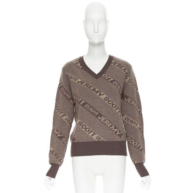 Gray vintage JEREMY SCOTT PARIS brown logo intarsia wool short sweater S For Sale