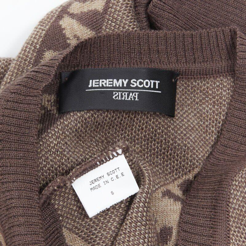 vintage JEREMY SCOTT PARIS brown logo intarsia wool short sweater S For Sale 4
