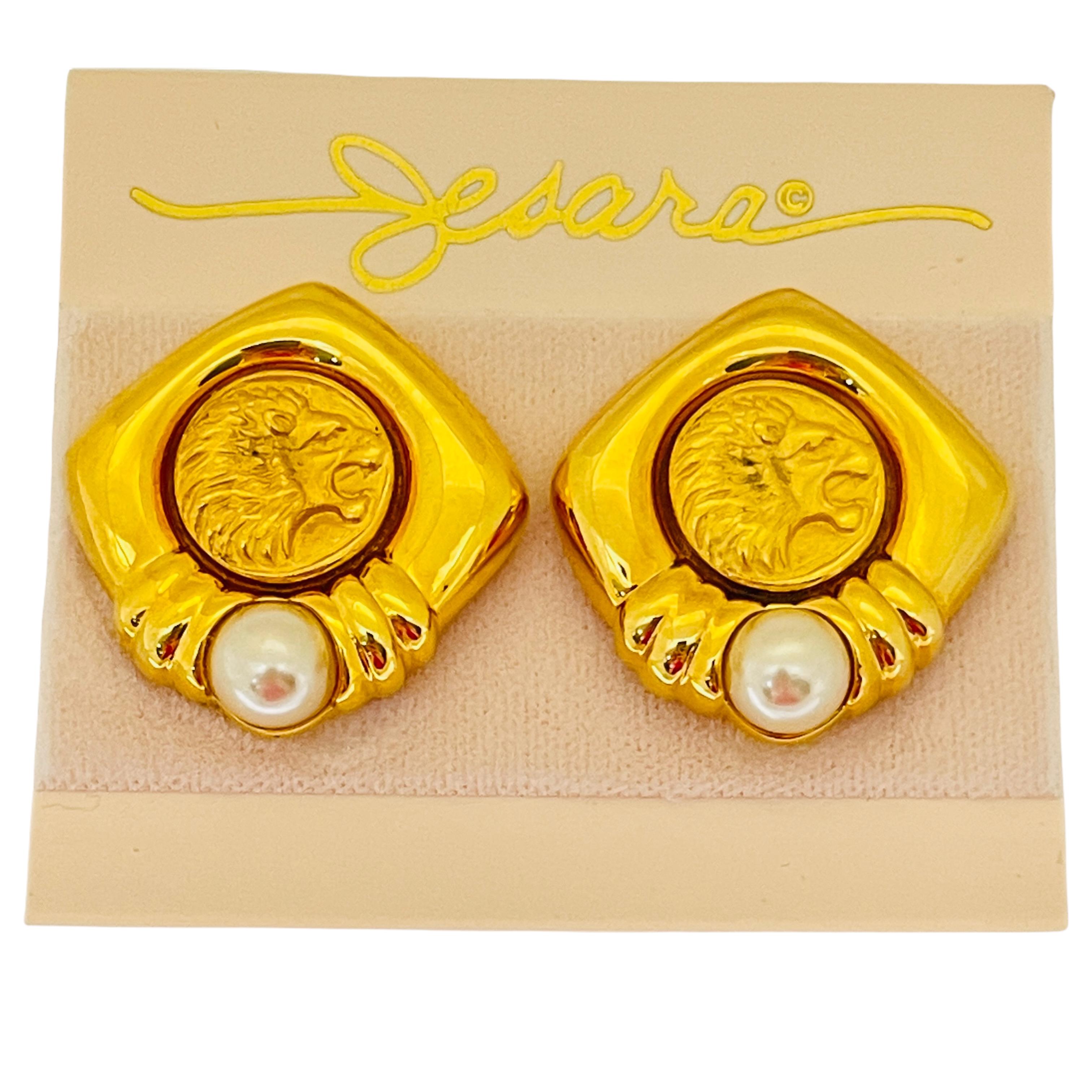 Vintage JESARA gold coin lion pearl designer runway clip on earrings For Sale 1