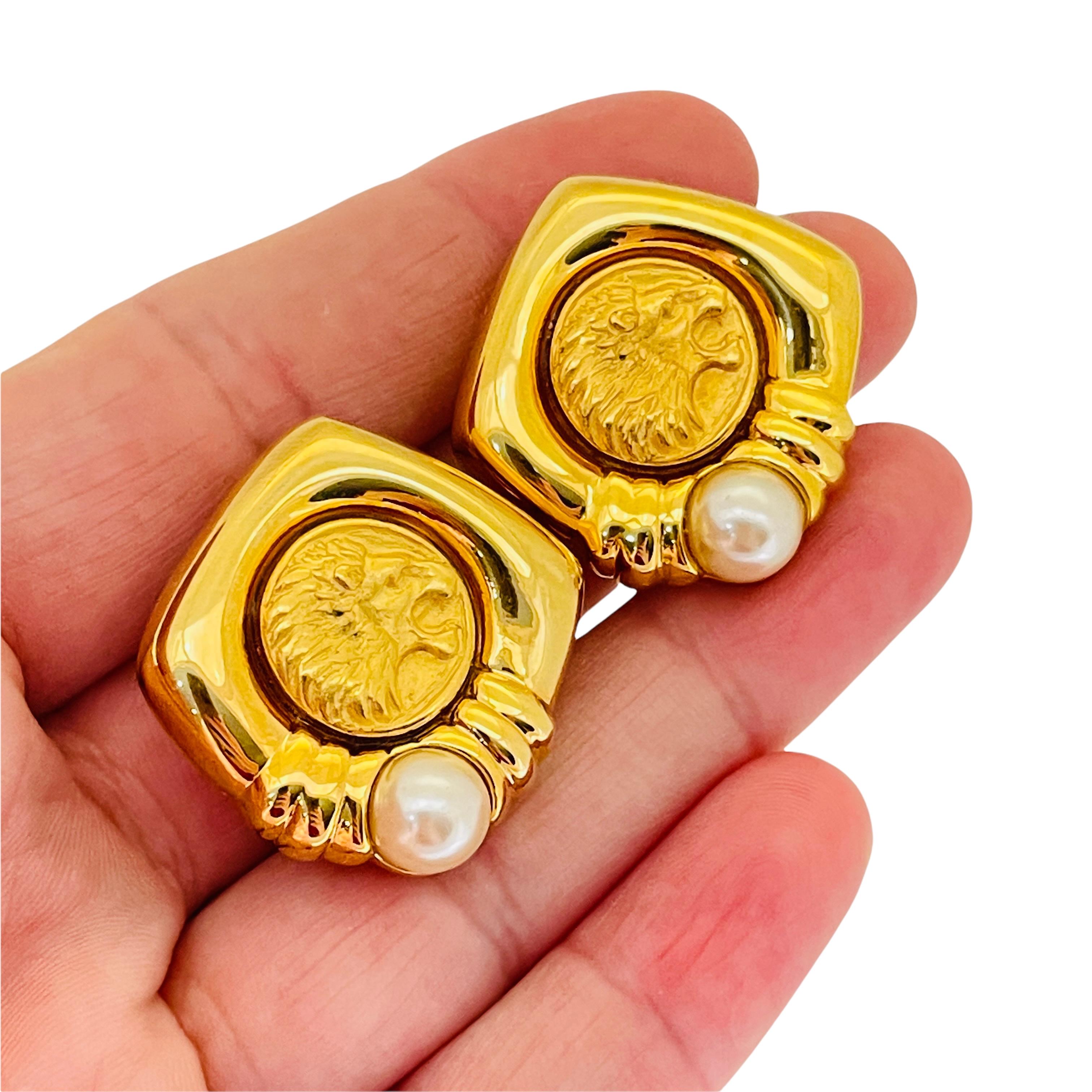 Vintage JESARA gold coin lion pearl designer runway clip on earrings For Sale 2