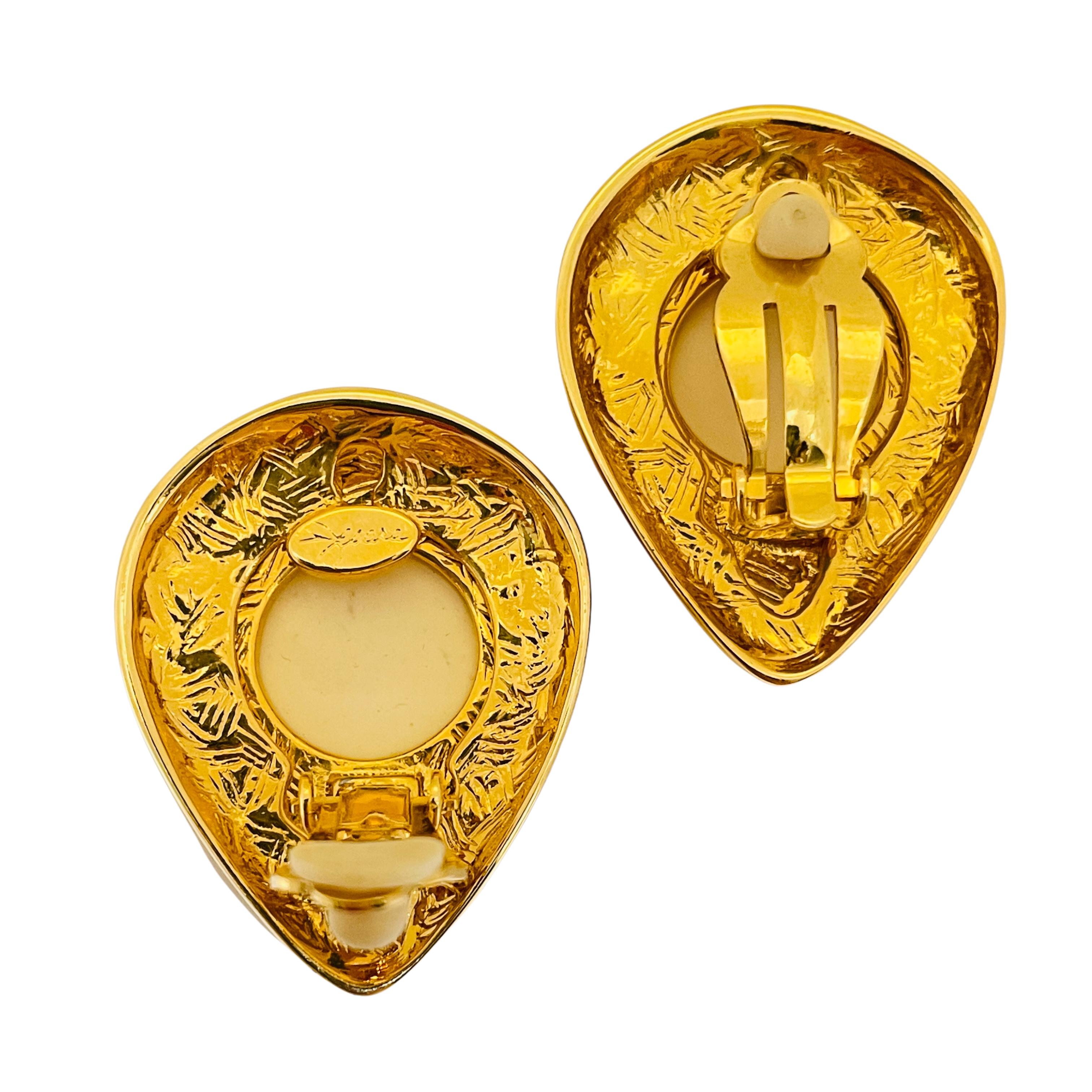 vintage gold glass rhinestone designer runway clip on earrings