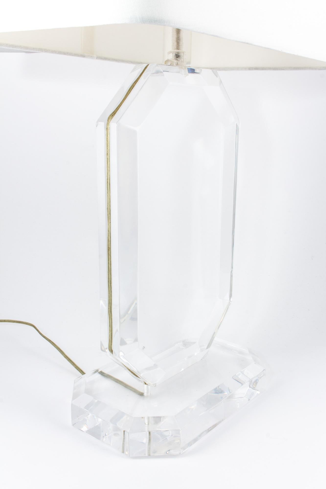 American Vintage Jewel Cut Lucite Lamp Pair with Linen Shade