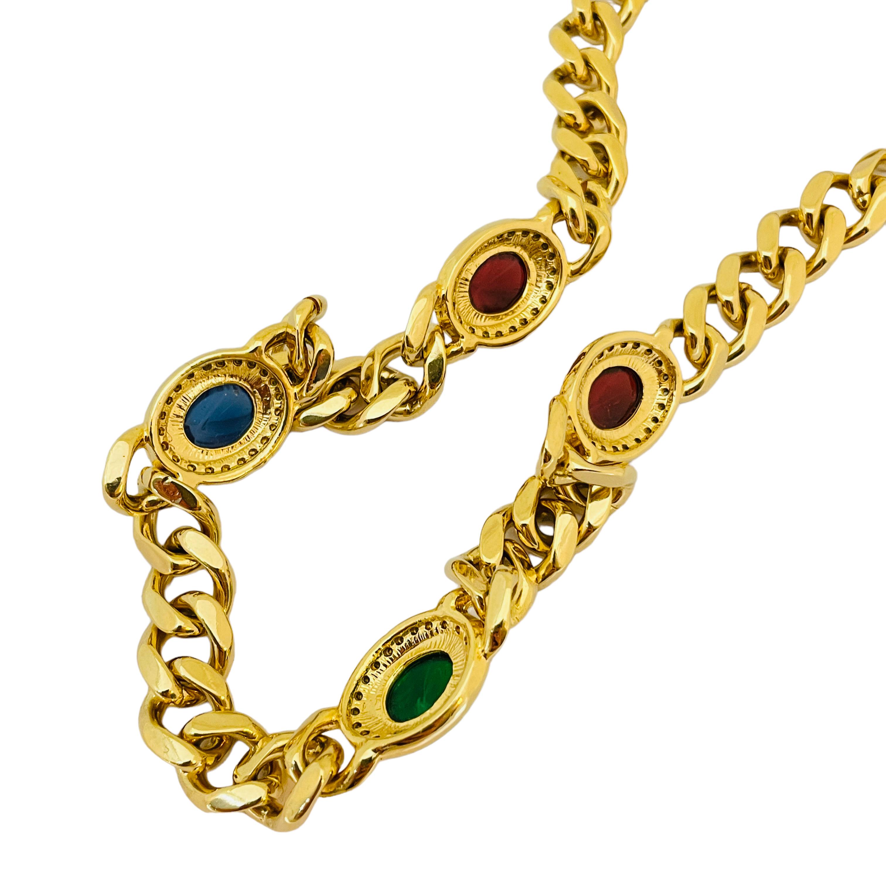 Women's or Men's Vintage jewel glass cabochon gold chain designer runway necklace For Sale