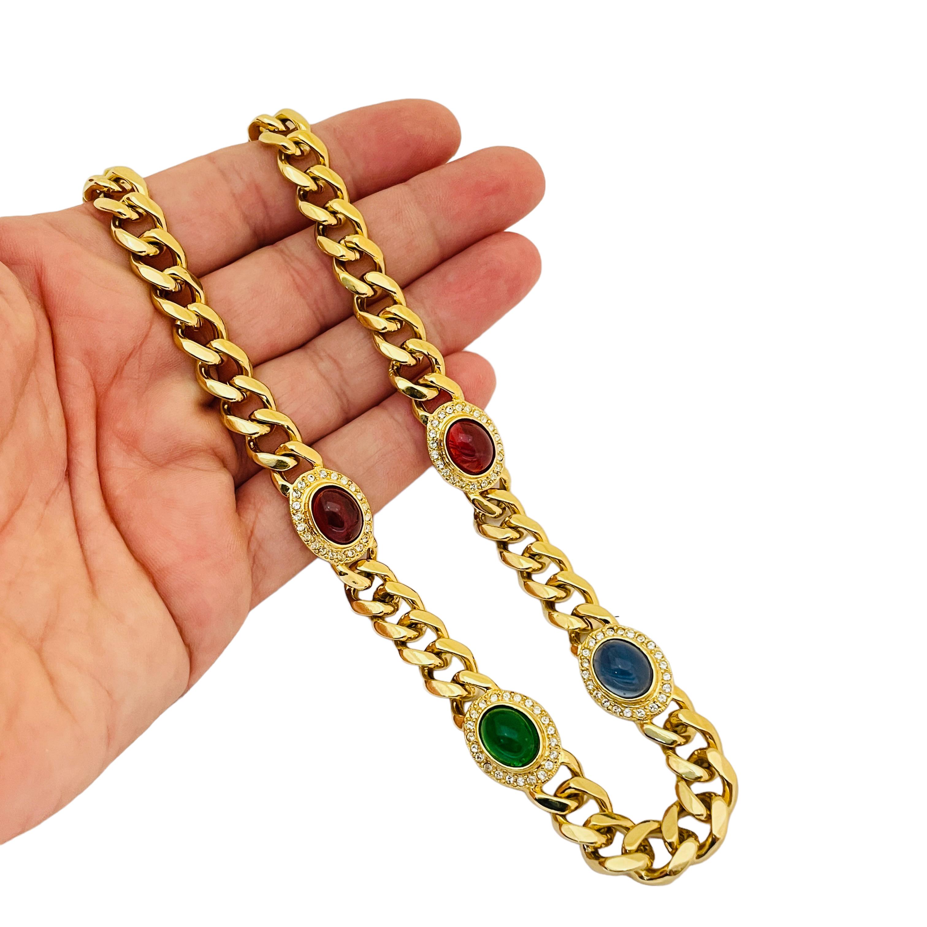 Vintage jewel glass cabochon gold chain designer runway necklace For Sale 1
