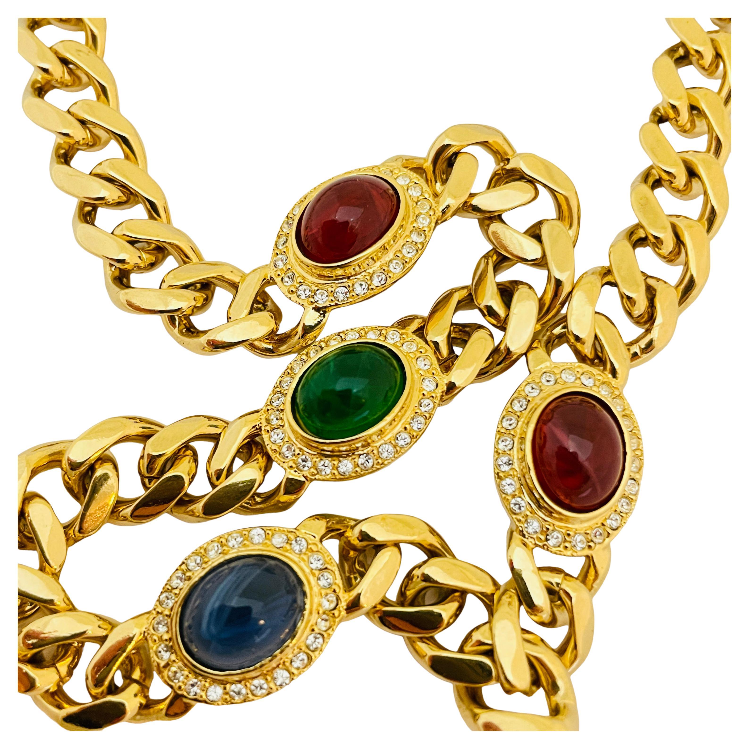 Vintage jewel glass cabochon gold chain designer runway necklace For Sale