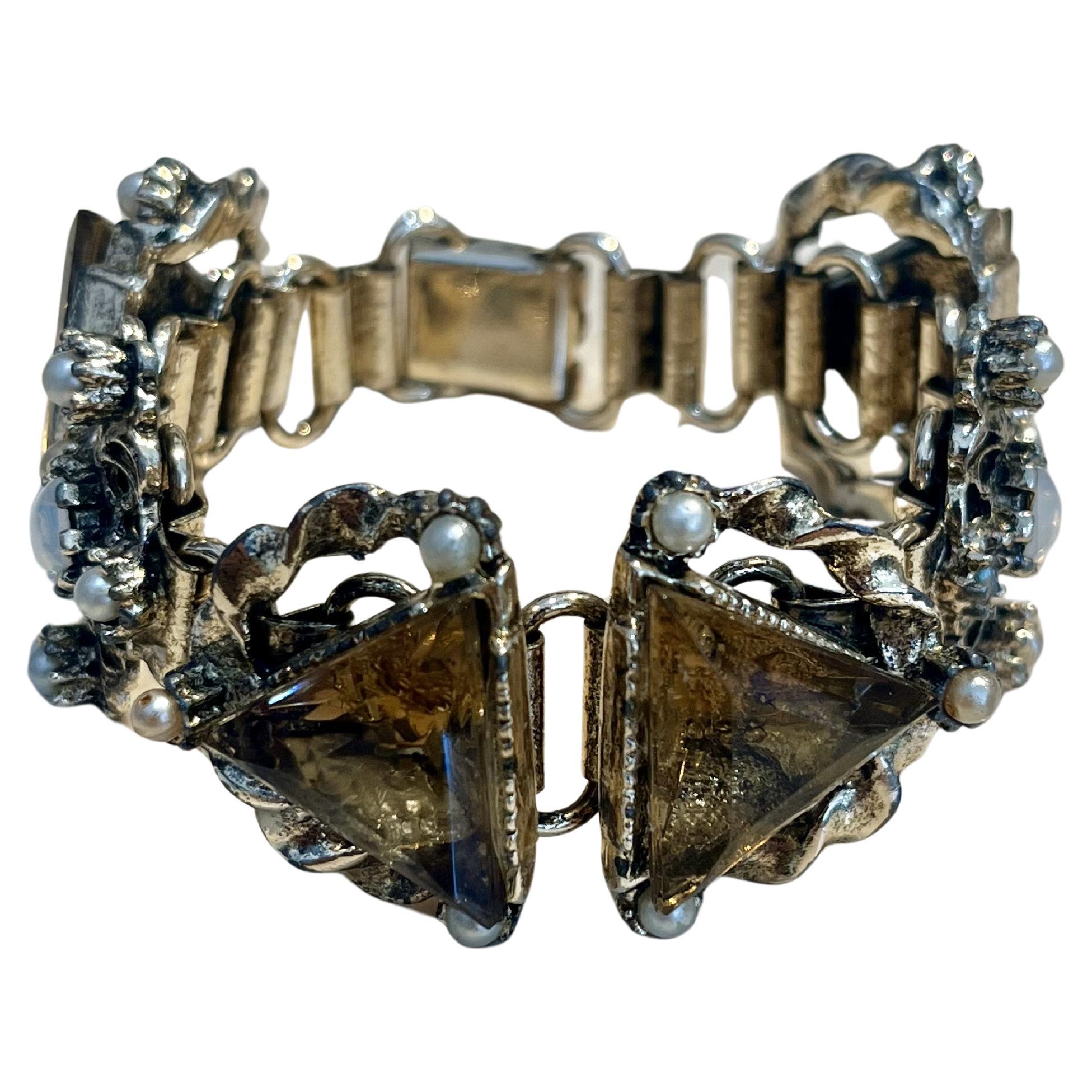 Vintage Jewel Smokey Quartz Silver Chain Bracelet