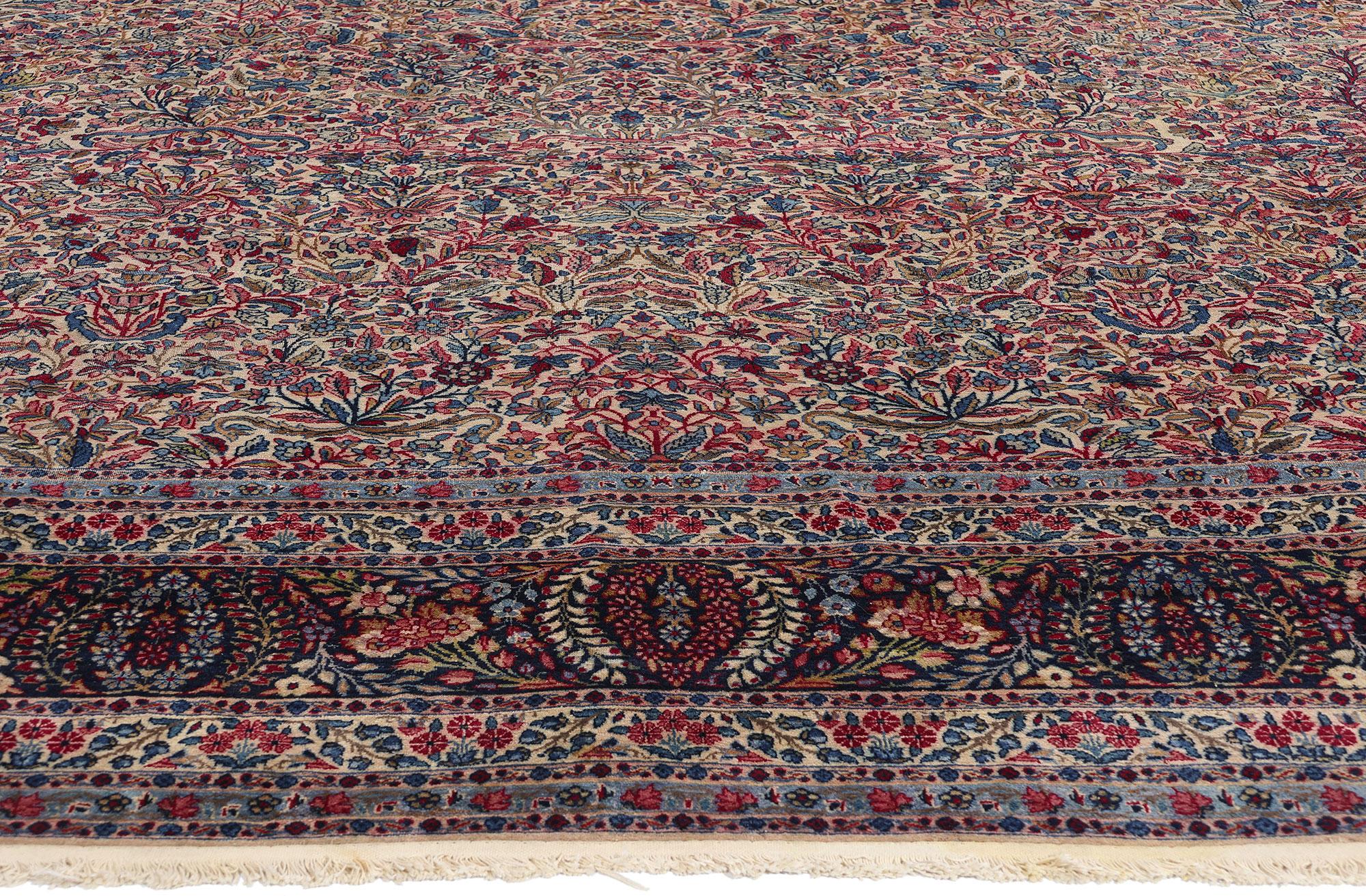 Perse Tapis persan à fleurs Lavar Kerman, couleur bijou, 11'02 x 14'05 en vente