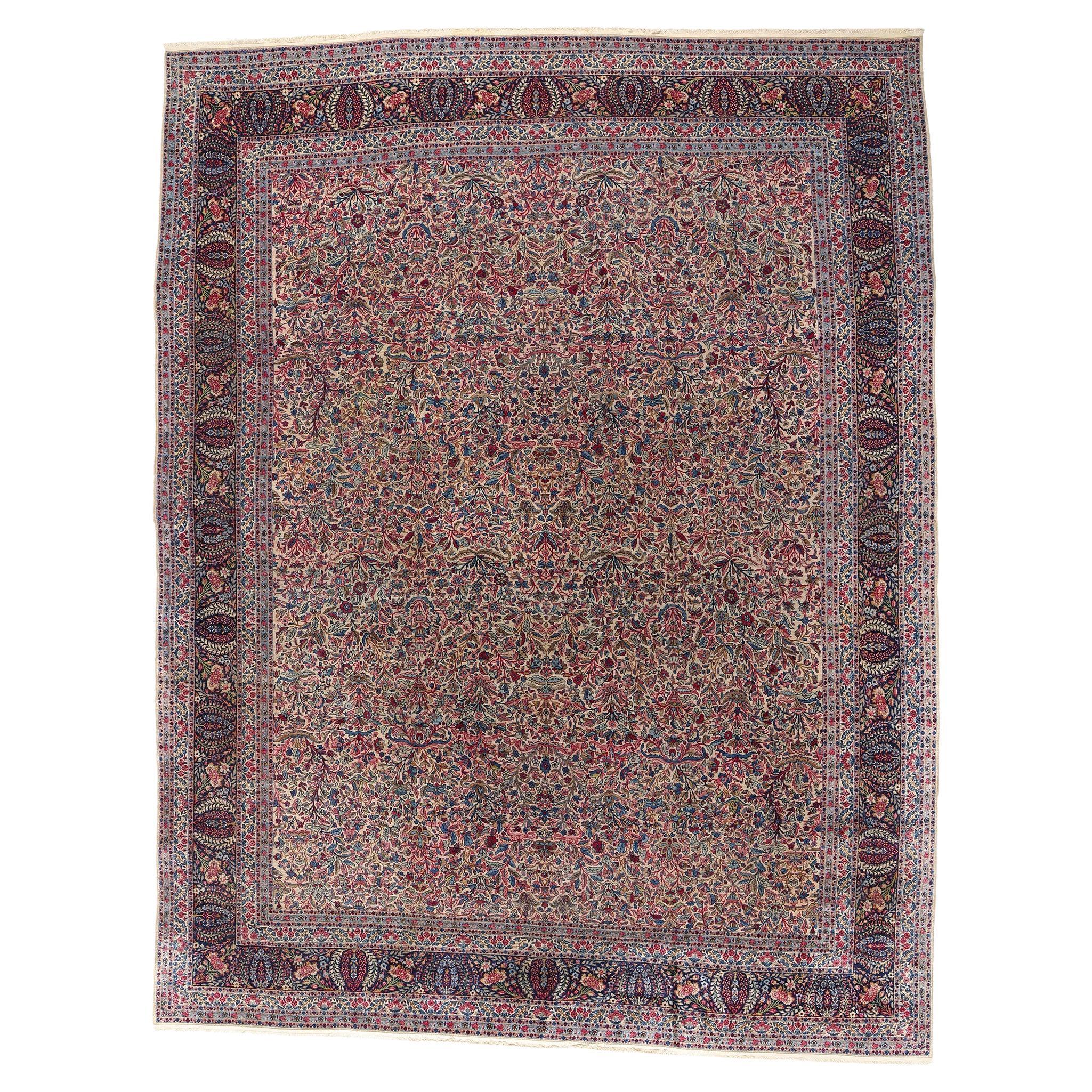 Vintage Jewel-Tone Persian Floral Lavar Kerman Carpet, 11'02 x 14'05