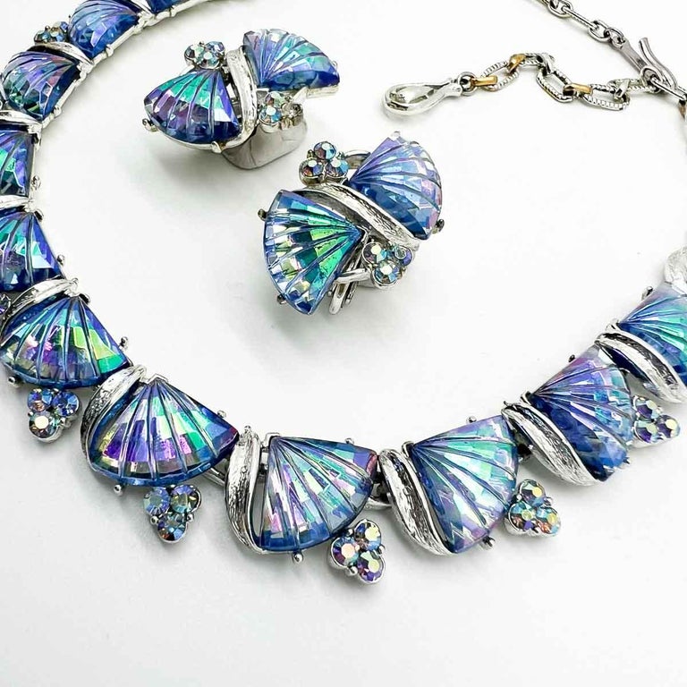 Vintage Jewelcraft Rainbow Glass Floral Necklace and Earrings 1950s For
