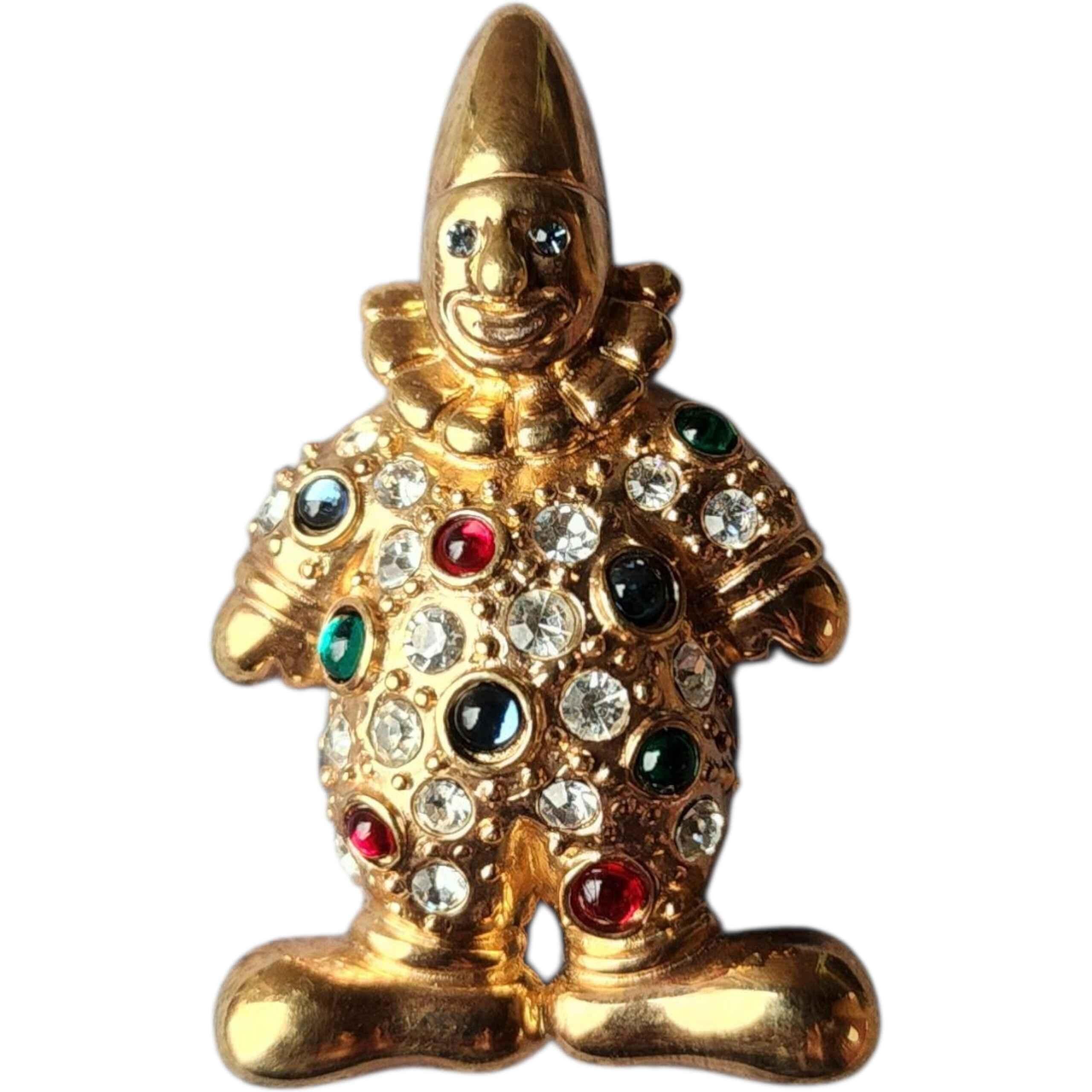 Vintage Jeweled Clown Brosche Gold-Ton, Multicolor-Kristalle, 1960er Jahre