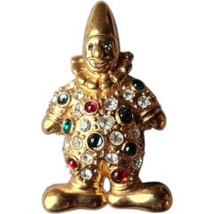 Vintage Jeweled Clown Brooch Gold-Tone, Multicolor Crystals, 1960s