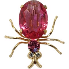 Vintage Jeweled Spider Brooch in Vibrant Pink Rhinestones, Gold-Tone Insect Pin