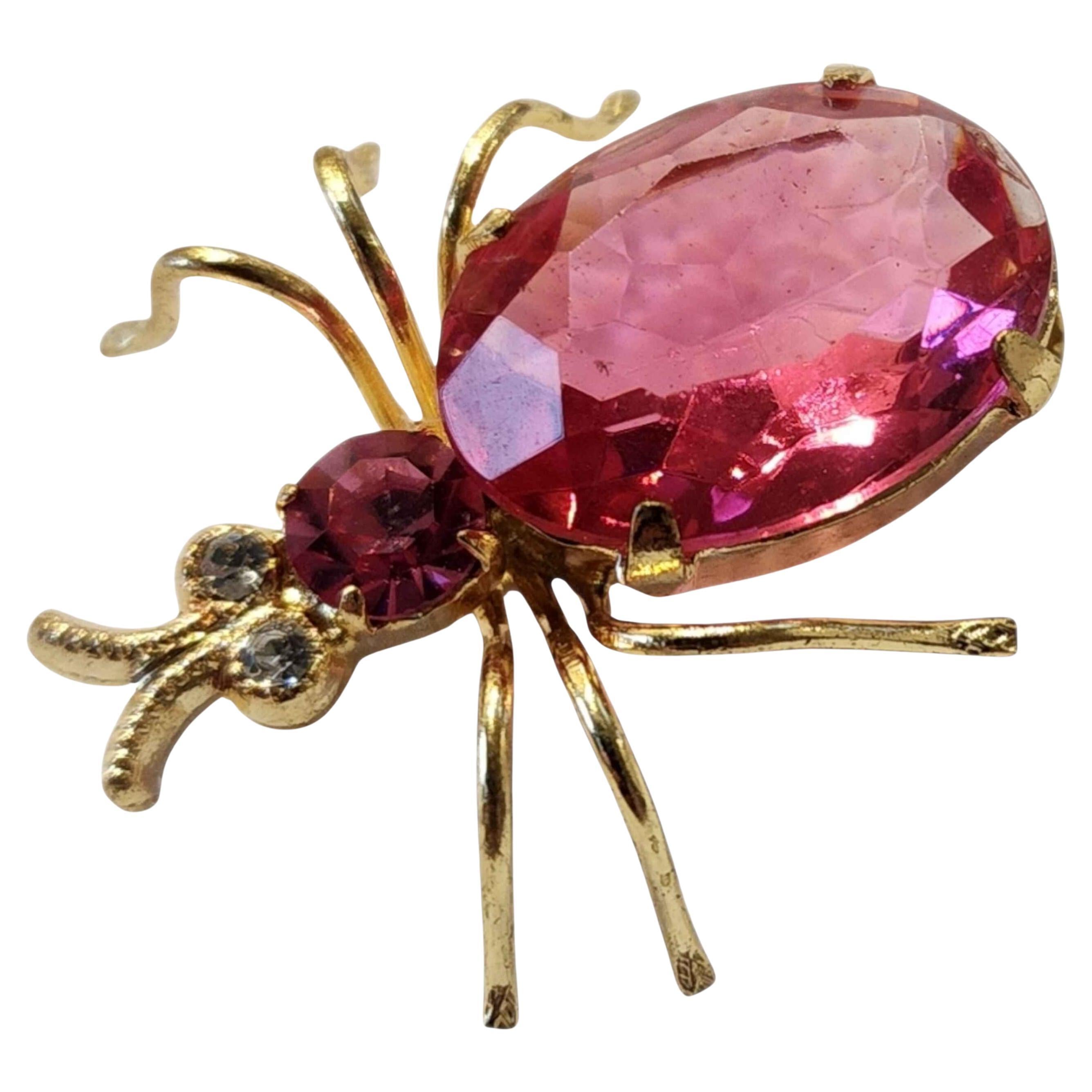Vintage Jeweled Spider Brooch in Vibrant Pink Rhinestones, Gold-Tone Insect Pin