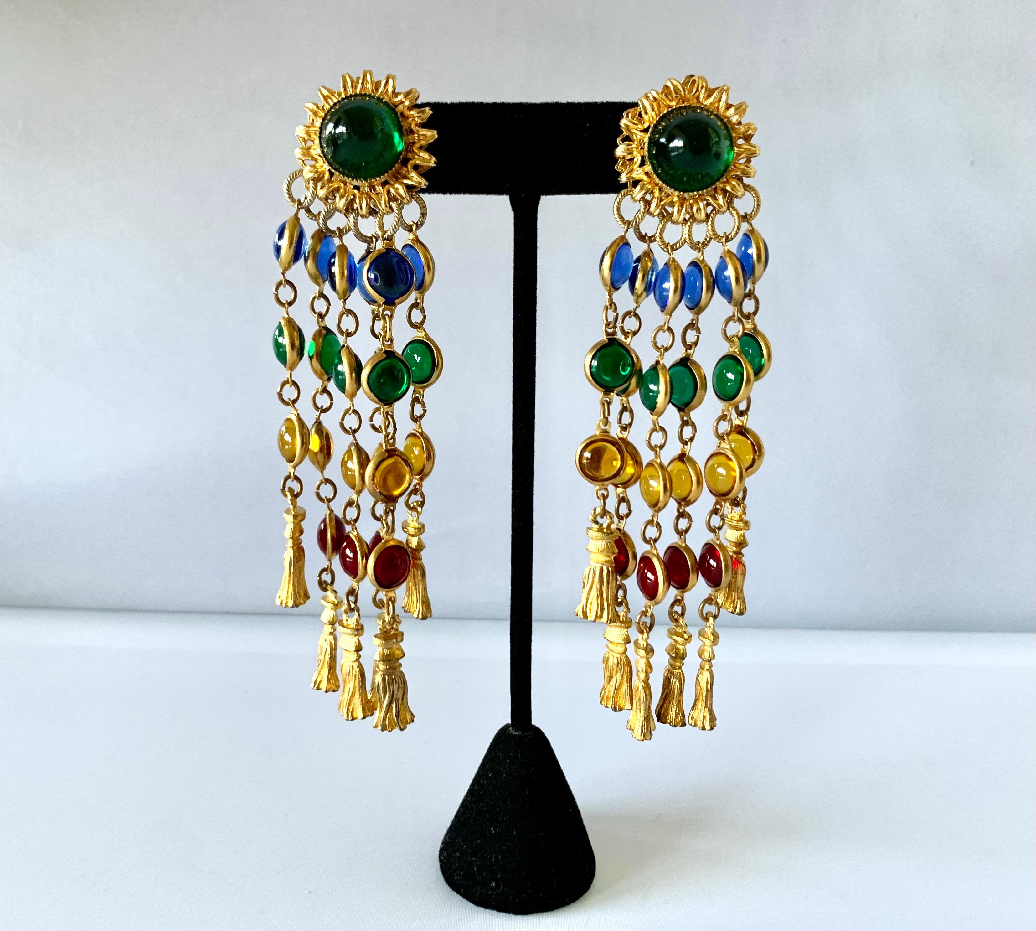Artisan Vintage Jeweled Tassel Statement Earrings 