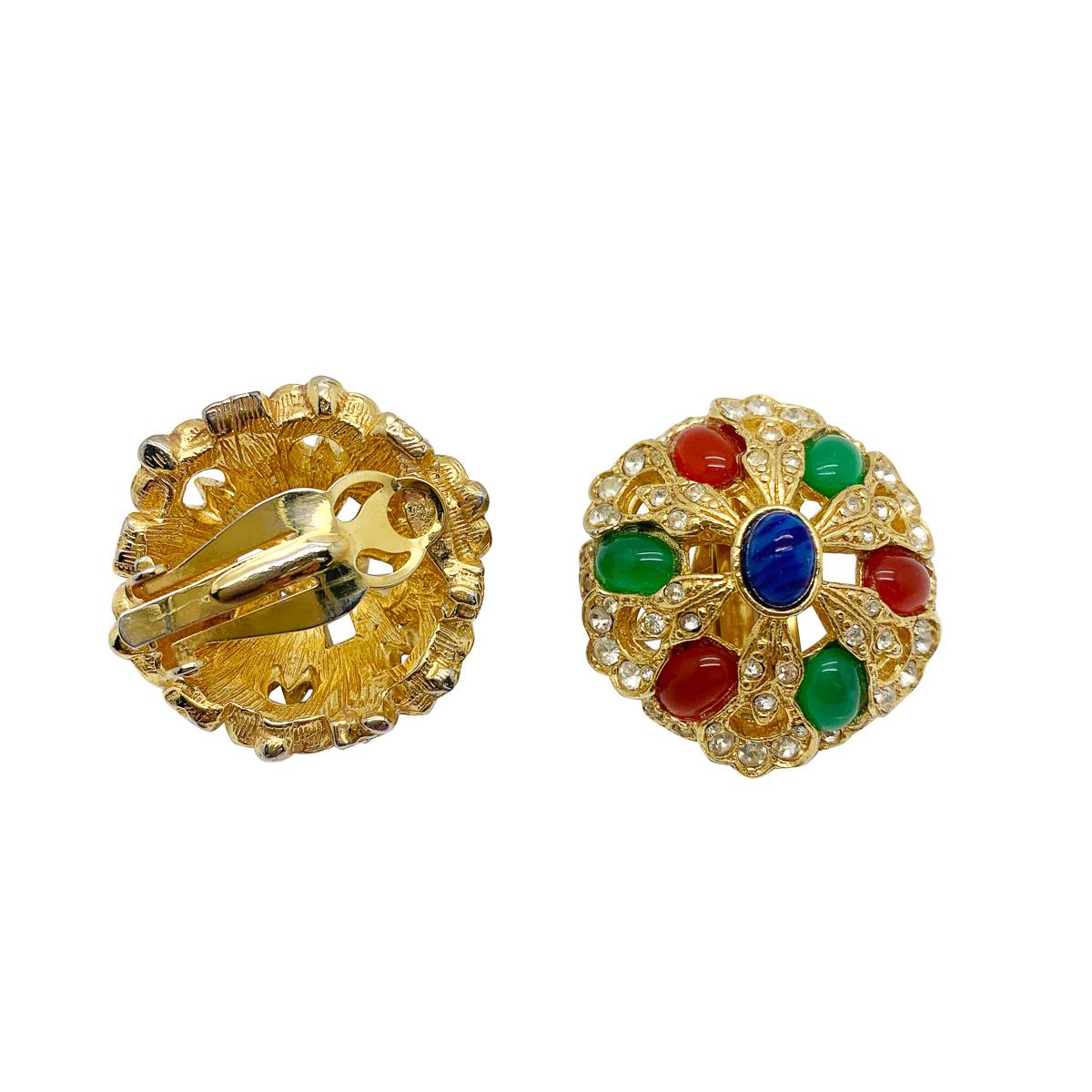 Women's or Men's Vintage Jewelled Cabochon Earrings 1970s For Sale