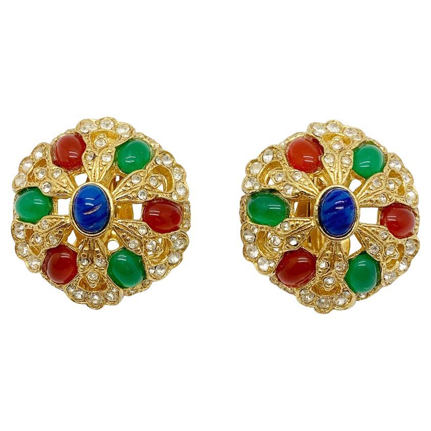 Vintage Jewelled Cabochon Earrings 1970s For Sale