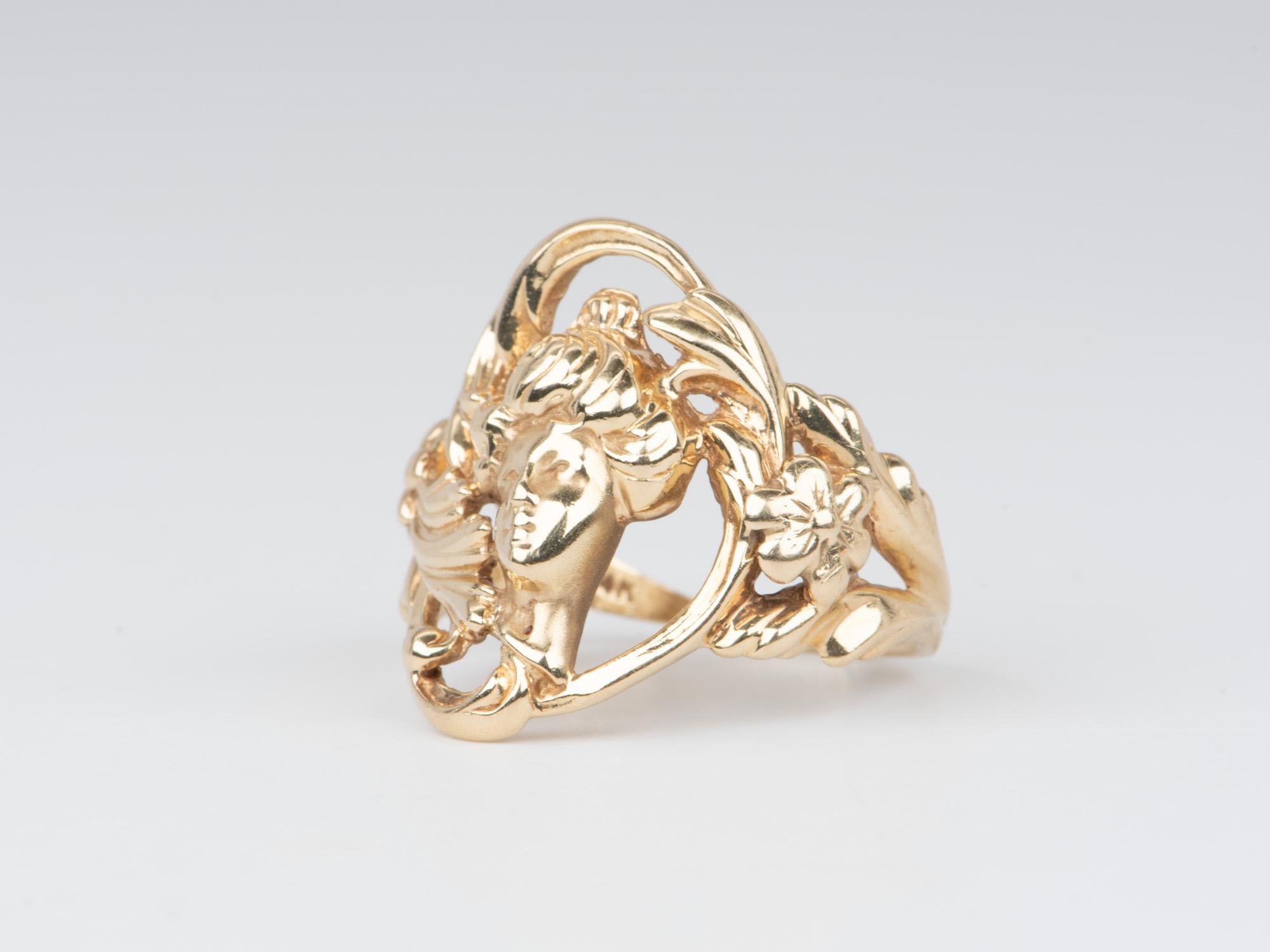 ♥ Vintage Jewelry Art Nouveau Floral Woman Ring 14K Gold 7g
♥ The design measures 22.6mm in length (North South direction), 22.1mm in width (East West direction), and sits 3.8mm tall from the finger. Band width is 1.2mm.

♥  Ring size: US 9 (Free