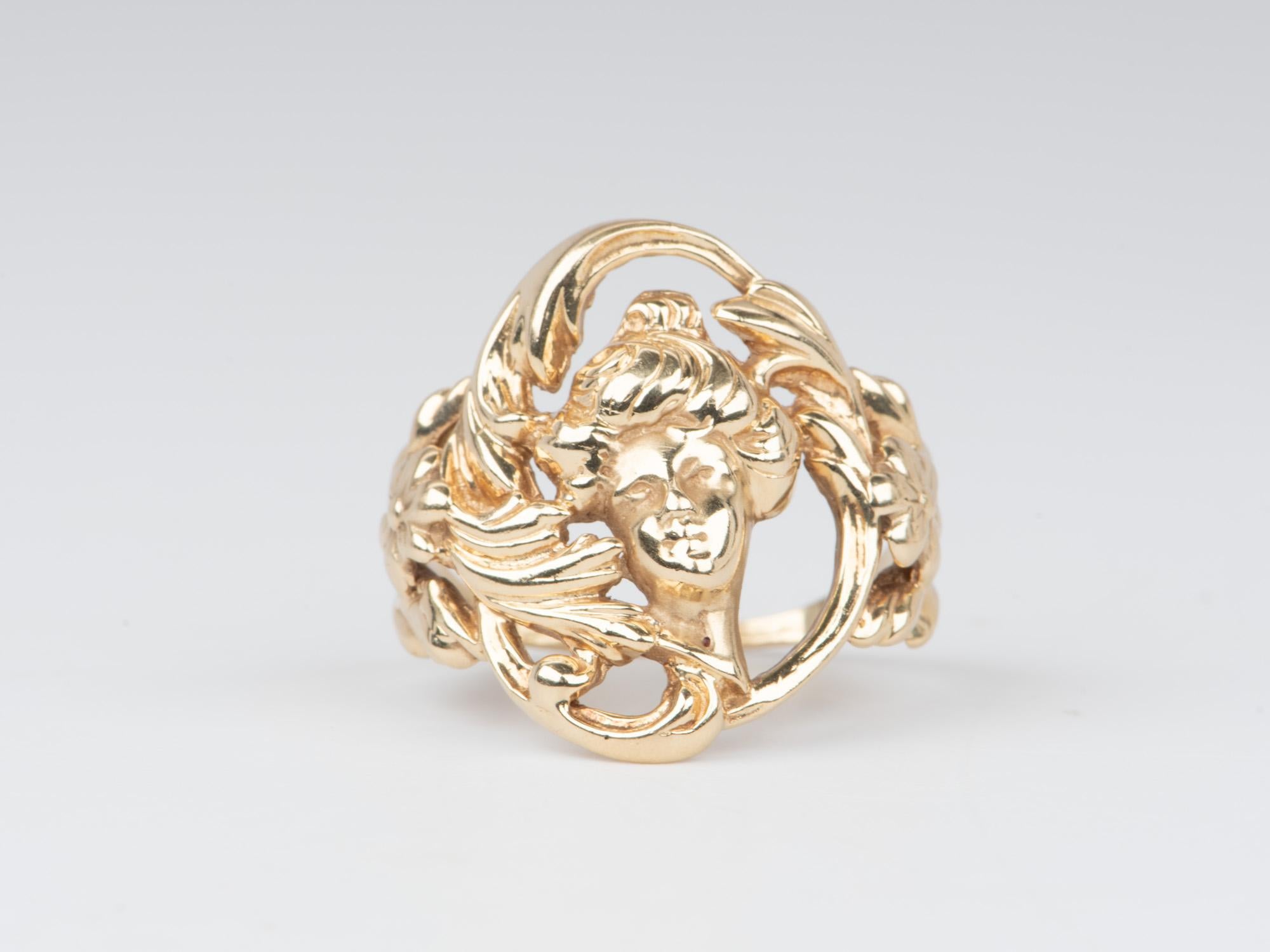 ♥ Vintage Jewelry Art Nouveau Floral Woman Ring 14K Gold 7g
♥ The design measures 22.6mm in length (North South direction), 22.1mm in width (East West direction), and sits 3.8mm tall from the finger. Band width is 1.2mm.

♥ Ring size: US 9 (Free