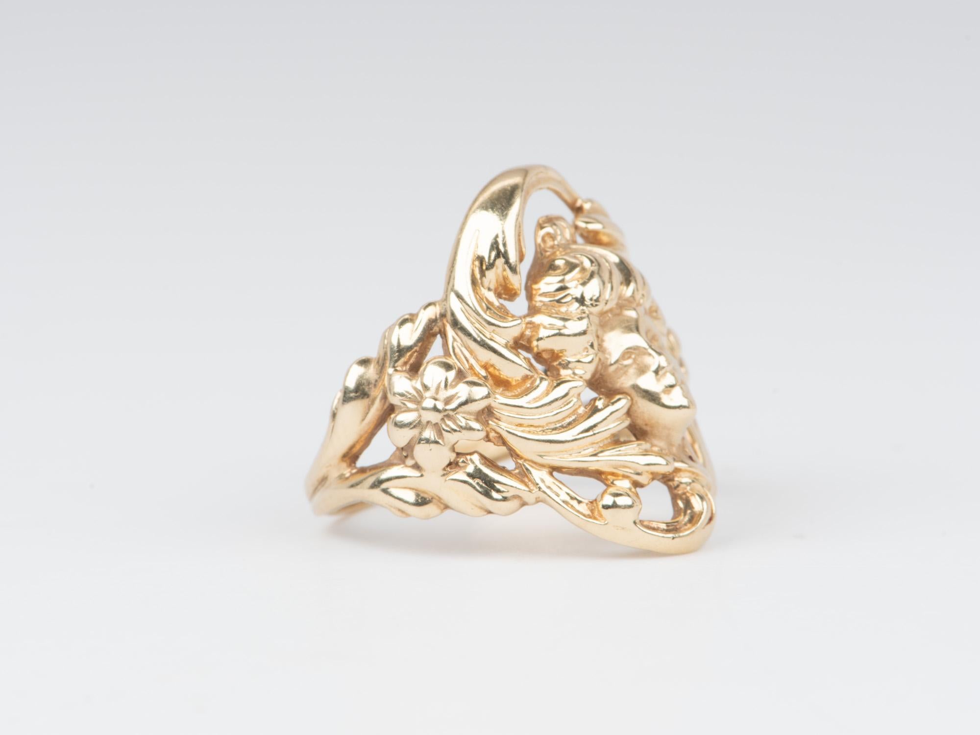 Women's or Men's Vintage Jewelry Art Nouveau Floral Woman Ring 14K Gold 7g V1100 For Sale