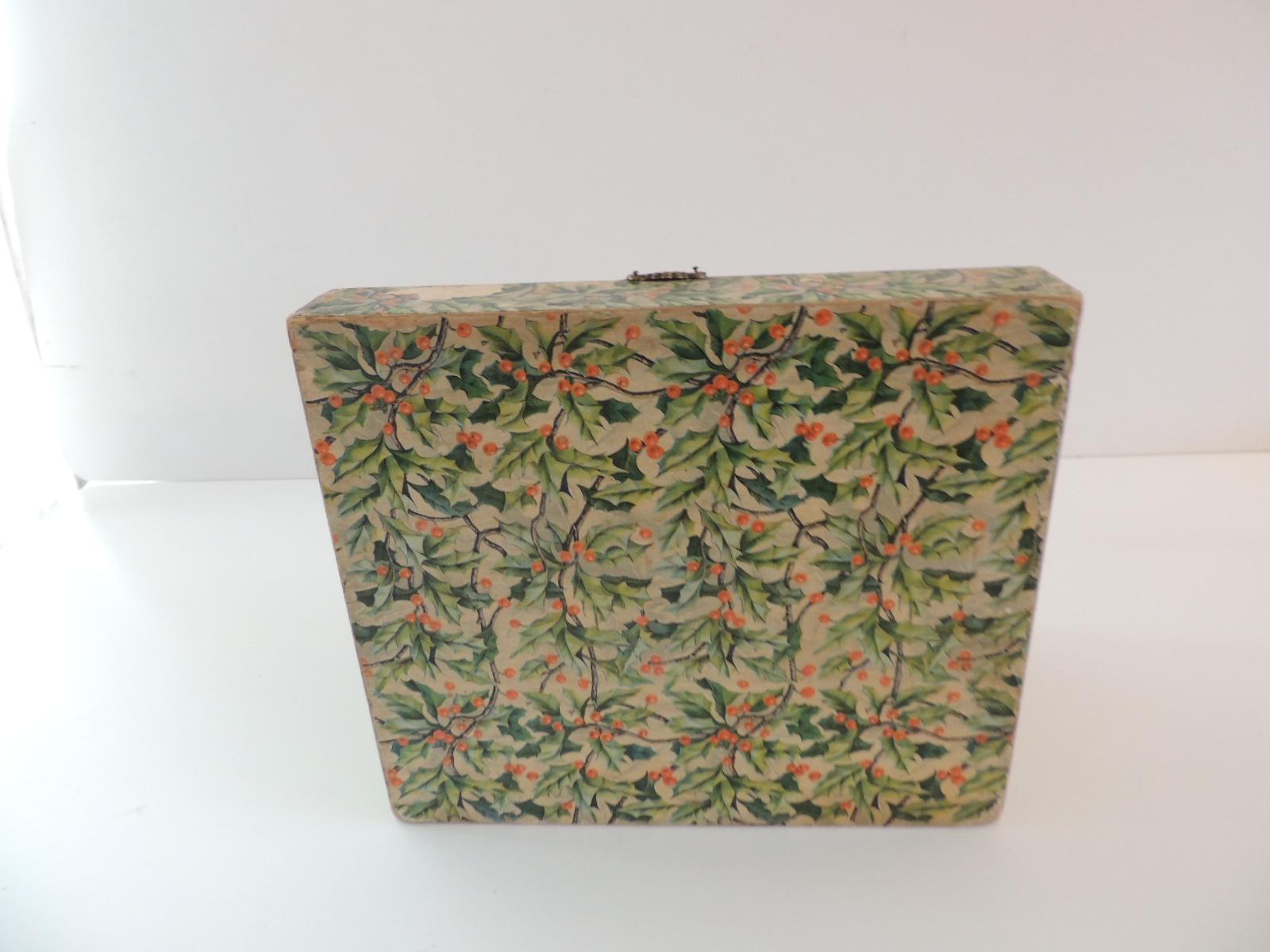 English Vintage Jewelry Box Cover in Holly Pattern Paper
