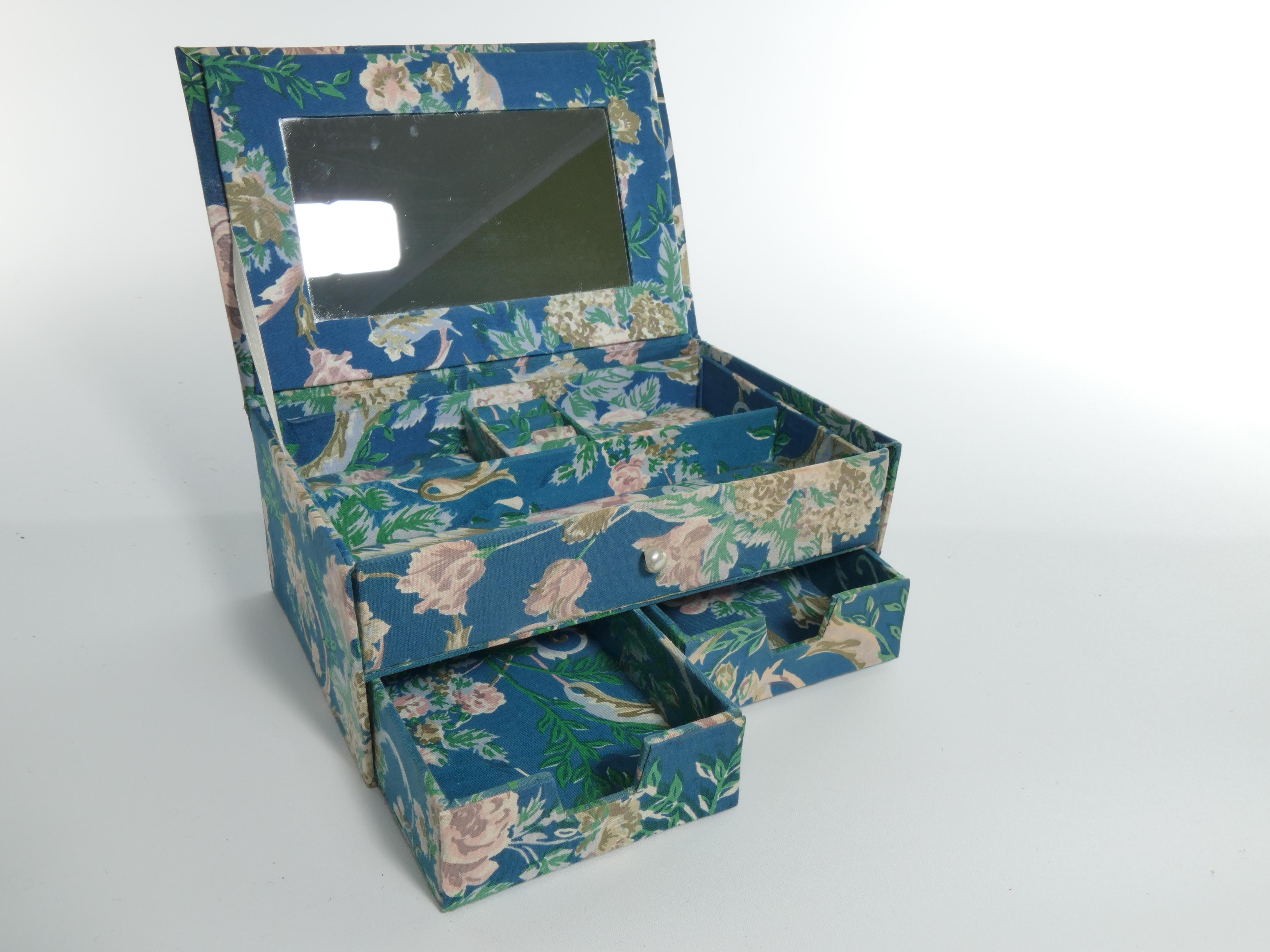 Vintage Jewelry Box in Blue Textile With Floral Motifs For Sale 2