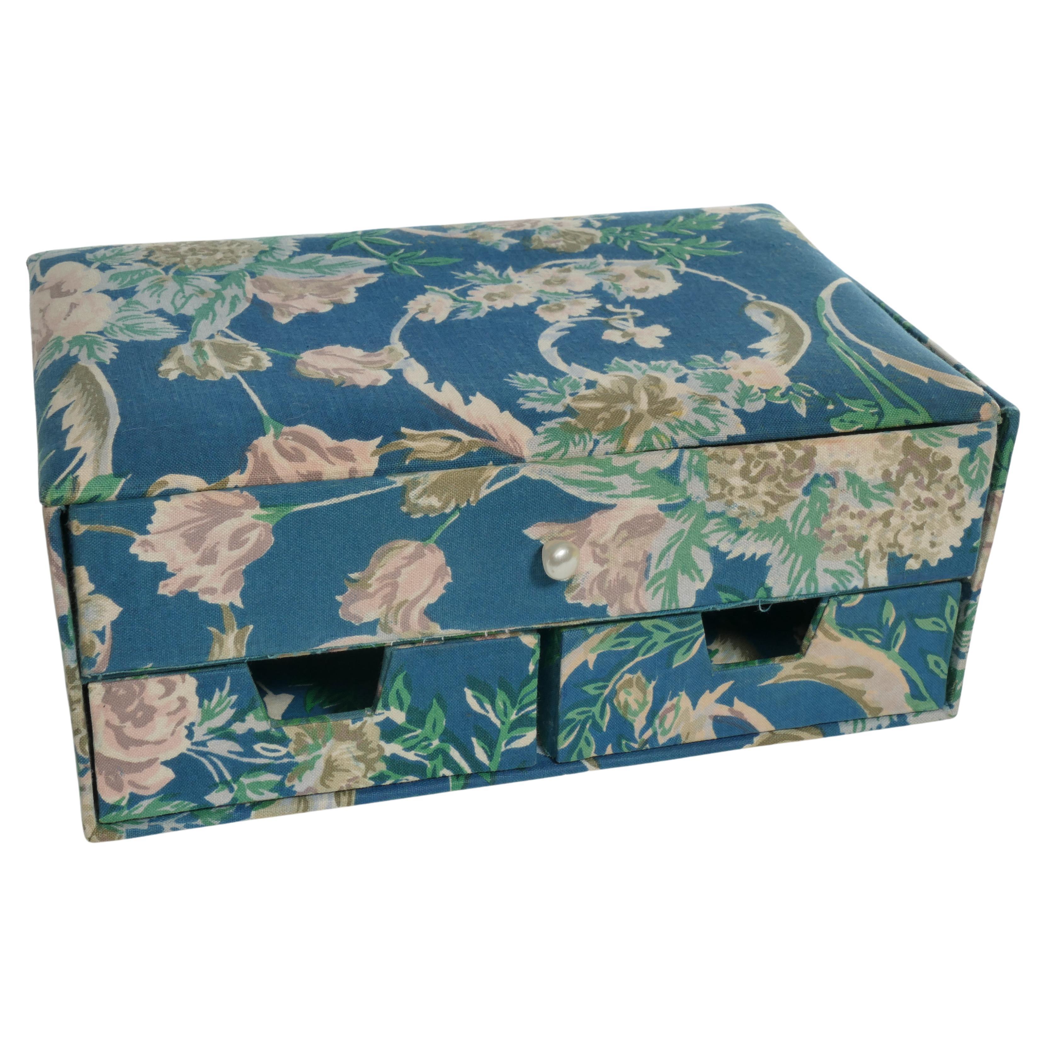 Vintage Jewelry Box in Blue Textile With Floral Motifs For Sale