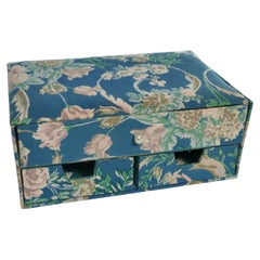 Vintage Jewelry Box in Blue Textile With Floral Motifs
