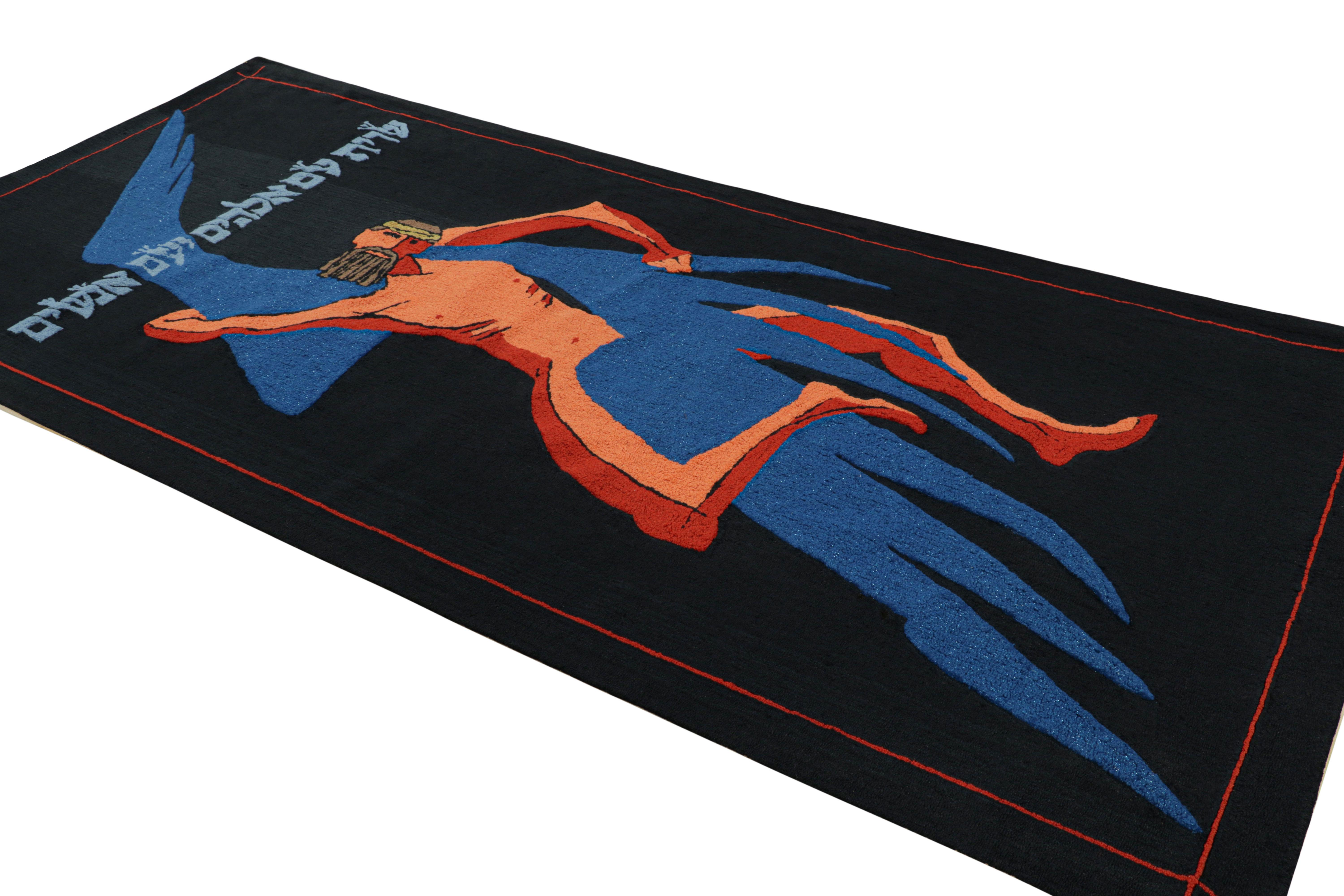 Hand-Knotted Vintage Jewish Pictorial Tapestry in Orange, Blue and Black Tones  Rug & Kilim For Sale