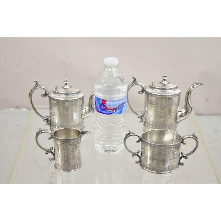 Vintage J.F. Curran & Co Victorian Silver Plated Coffee Tea Set - 4 Pc Set. Item features a etched and engraved 