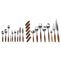 Vintage JHQ Dansk Fjord Flatware Service for 8-Teak Wood Handle 92-Piece Set