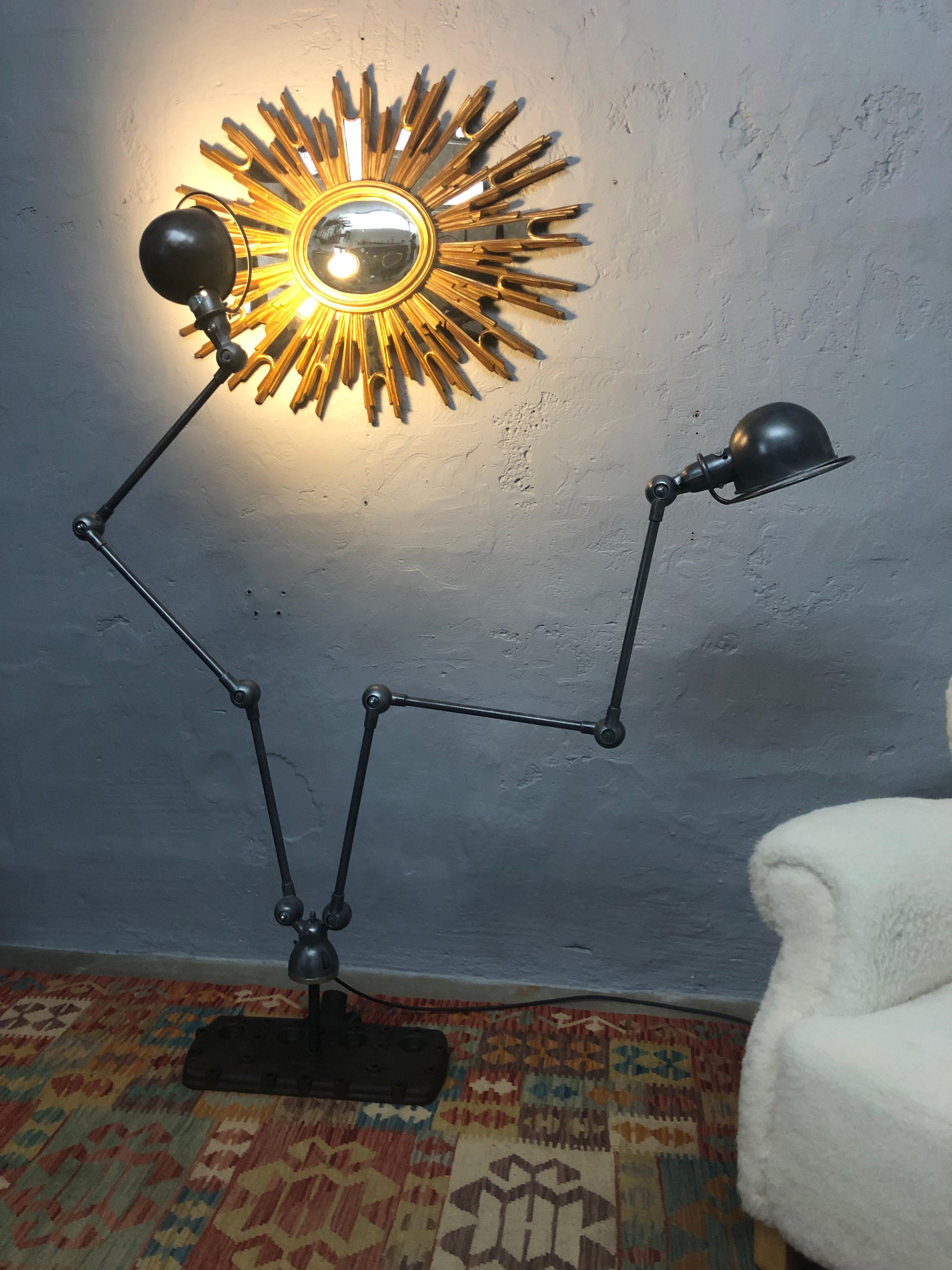 French Vintage Jielde Double Armed Industrial Floor Lamp Mounted on to a V8 Flathead For Sale