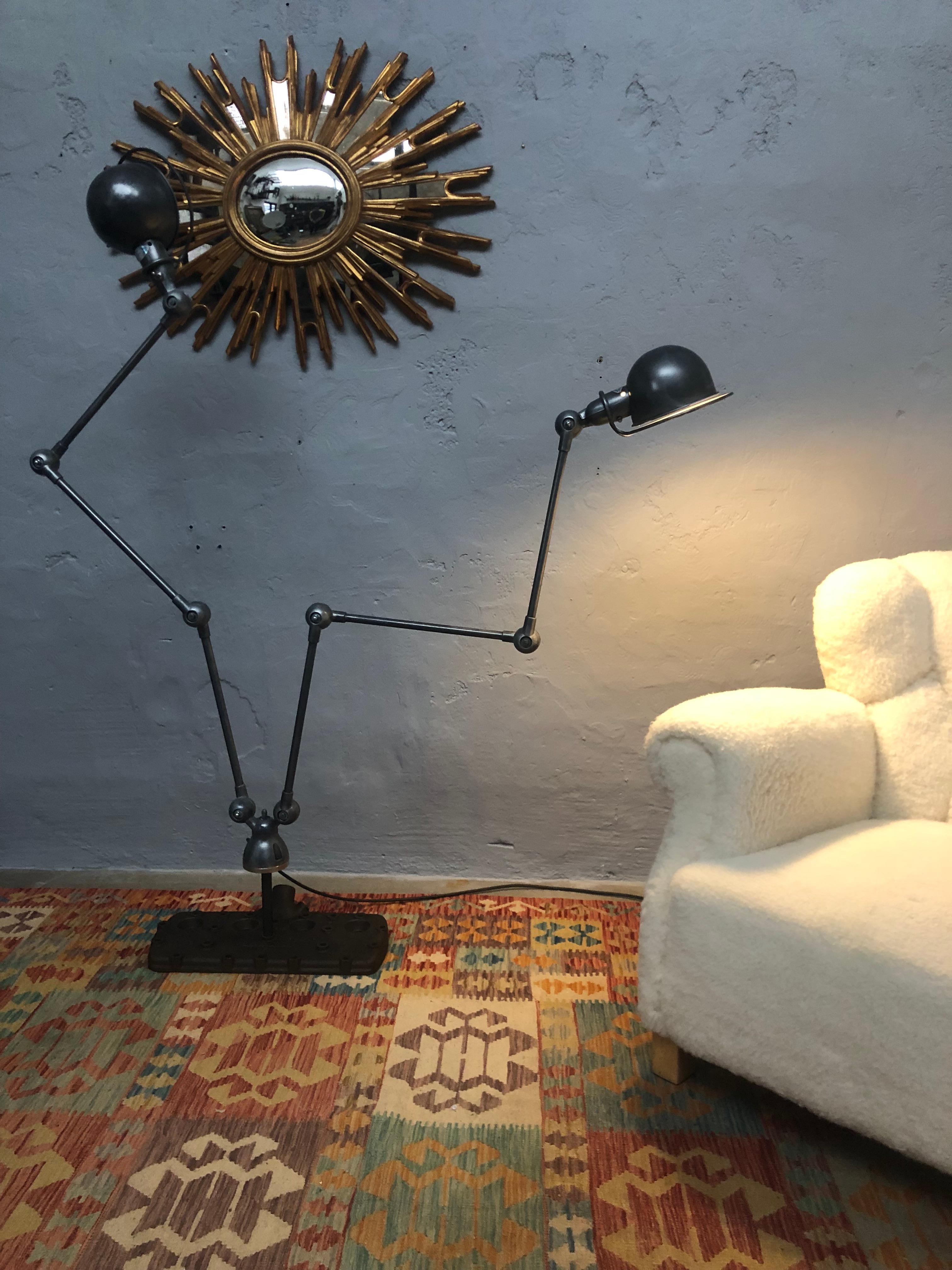 Mid-20th Century Vintage Jielde Double Armed Industrial Floor Lamp Mounted on to a V8 Flathead For Sale