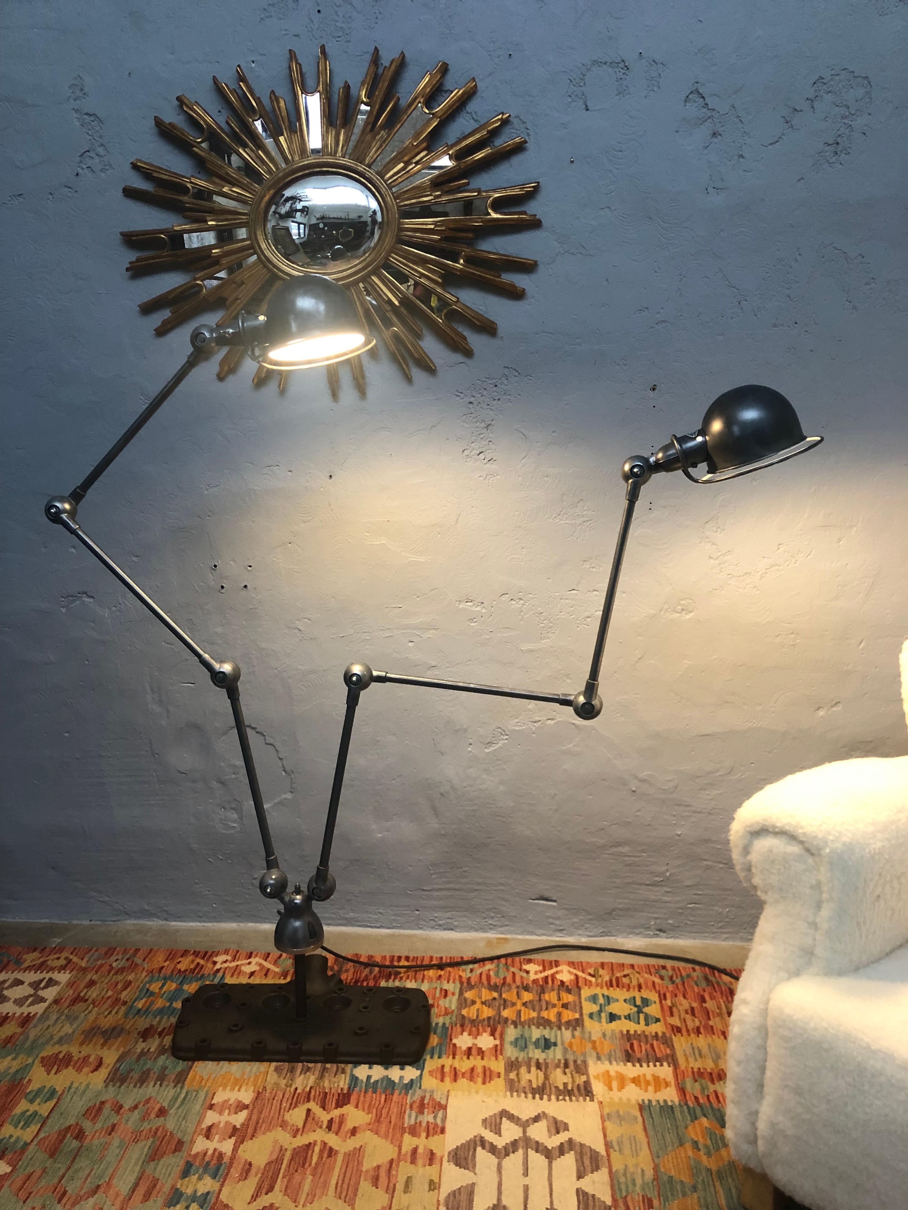 Aluminum Vintage Jielde Double Armed Industrial Floor Lamp Mounted on to a V8 Flathead For Sale