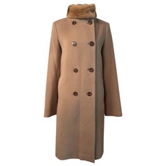 Vintage Jil Sander Wool Double Breasted Coat in Camel w/ Fur Collar