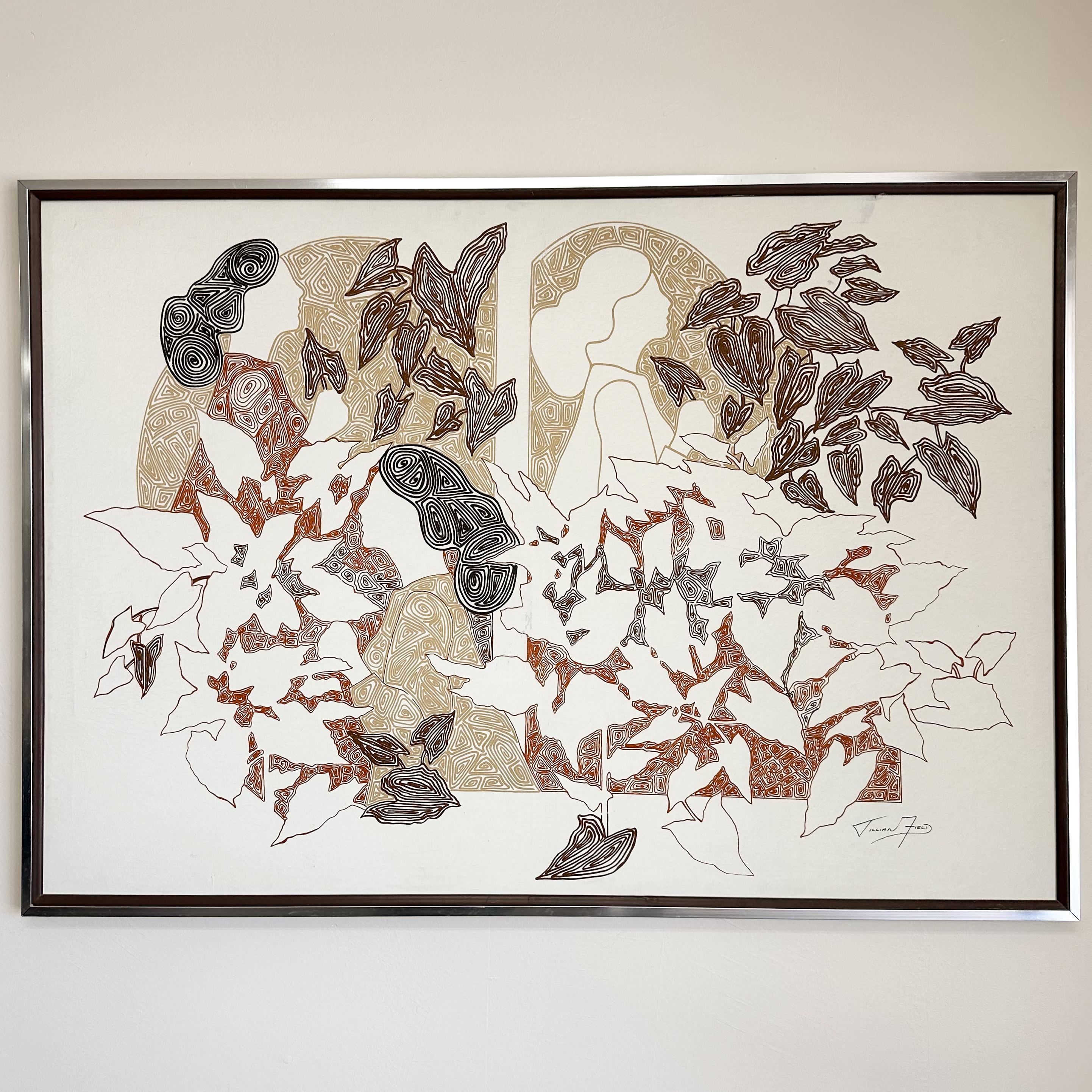 Diese modernistische Vintage-Serigrafie auf Leinwand stammt von Jillian Field (Amerikanerin, 1950-1997), einer gefeierten Künstlerin, die für ihre eindrucksvollen Landschaften und raffinierten Schablonendrucktechniken bekannt ist.

Geboren in