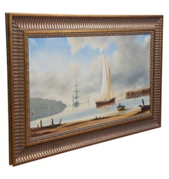 Vintage Jim Thompson English Maritime Realist Harbor Seascape Oil Painting