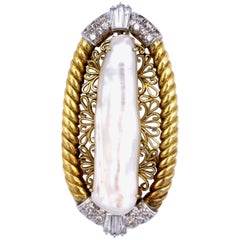 Vintage JIMMY Keshi Pearl Pendant Brooch Baguette Diamonds 14 Karat Gold