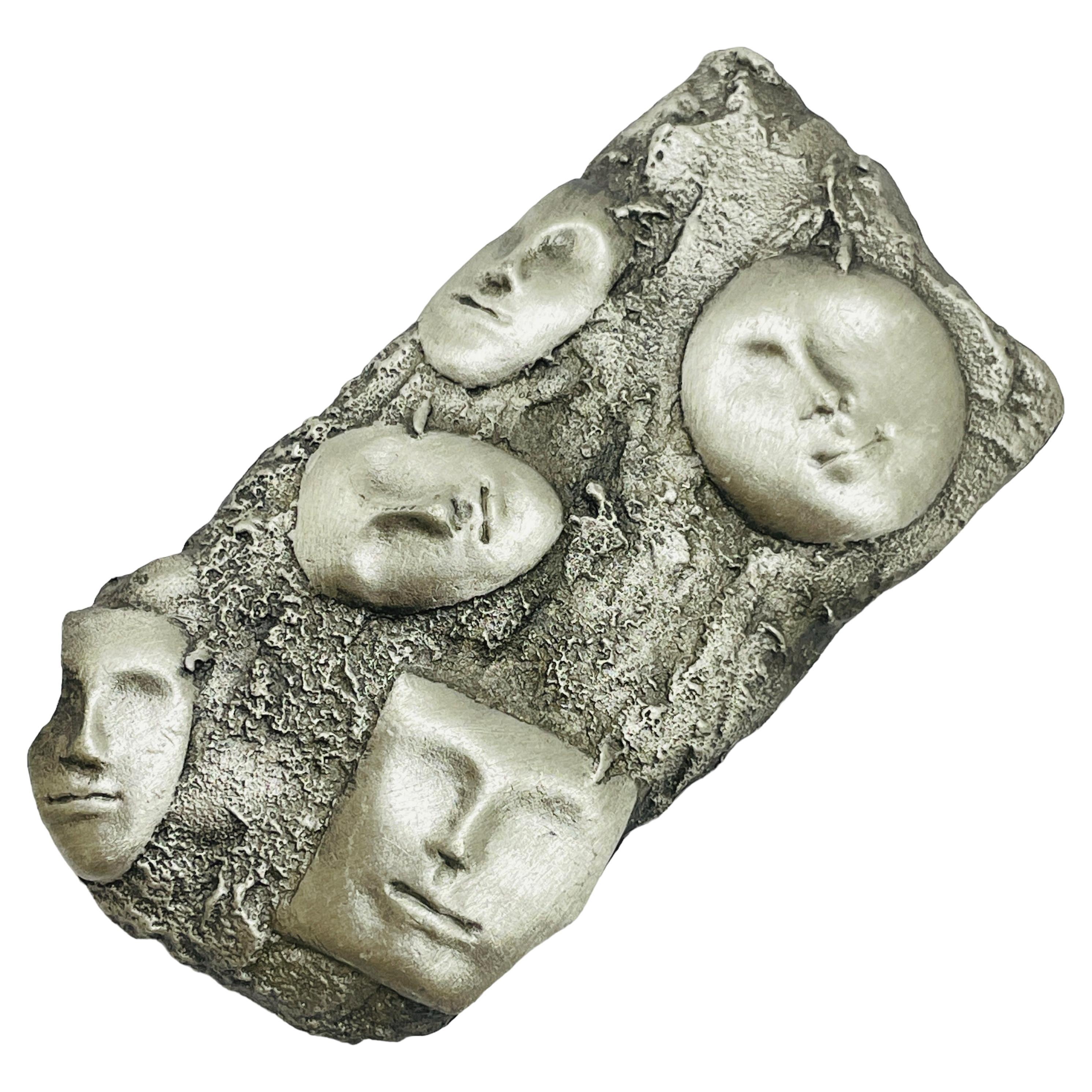 Vintage JJ 1988 signed modernist faces silver tone designer brooch For Sale
