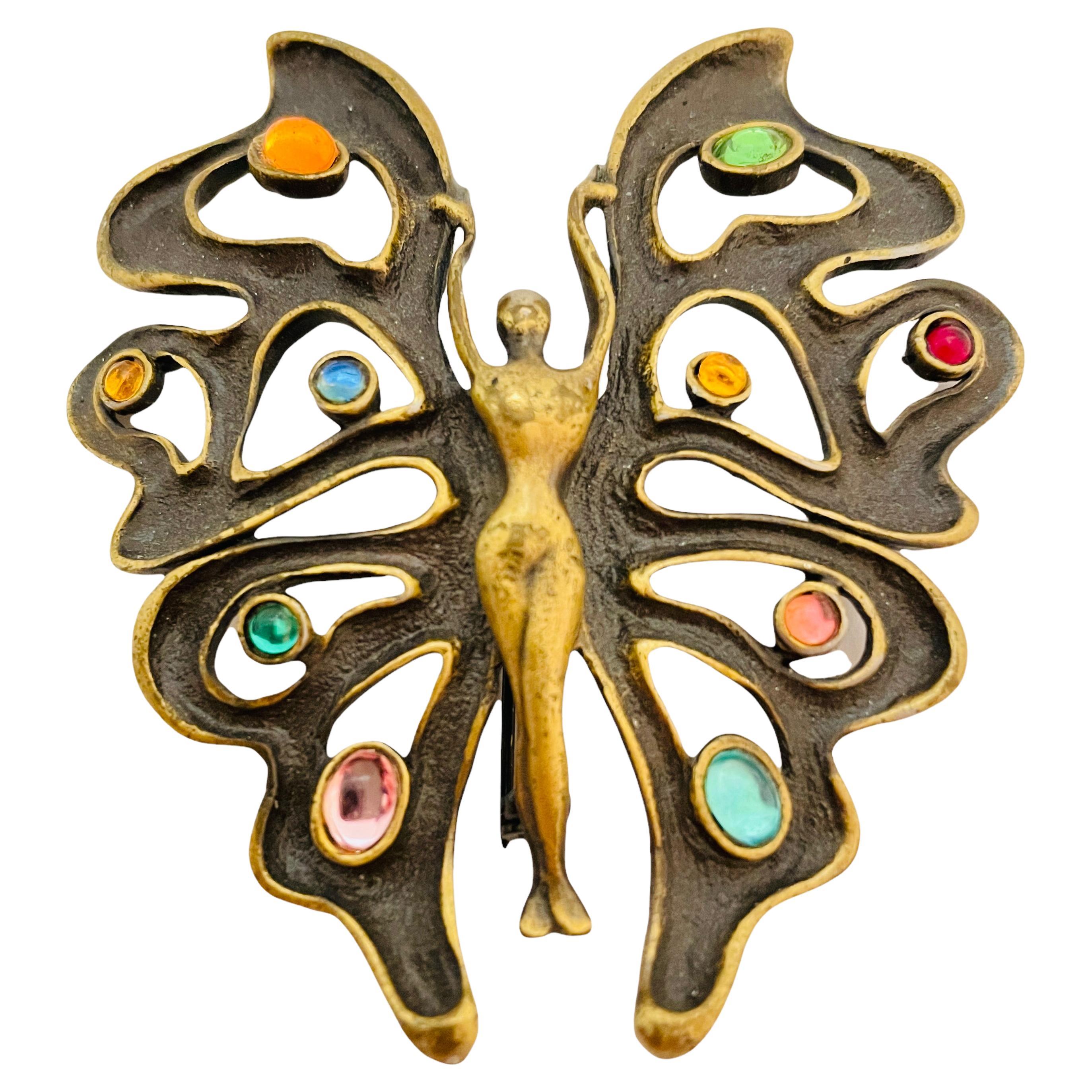 Vintage JJ gold bronze jewel cabs butterfly woman designer runway brooch For Sale