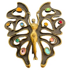 Broche de défilé vintage JJ modèle femme papillon en forme de cabine de bijoux en bronze doré avec motif papillon