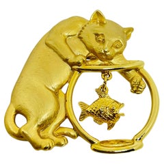 Vintage JJ signed gold tone cat fish designer brooch