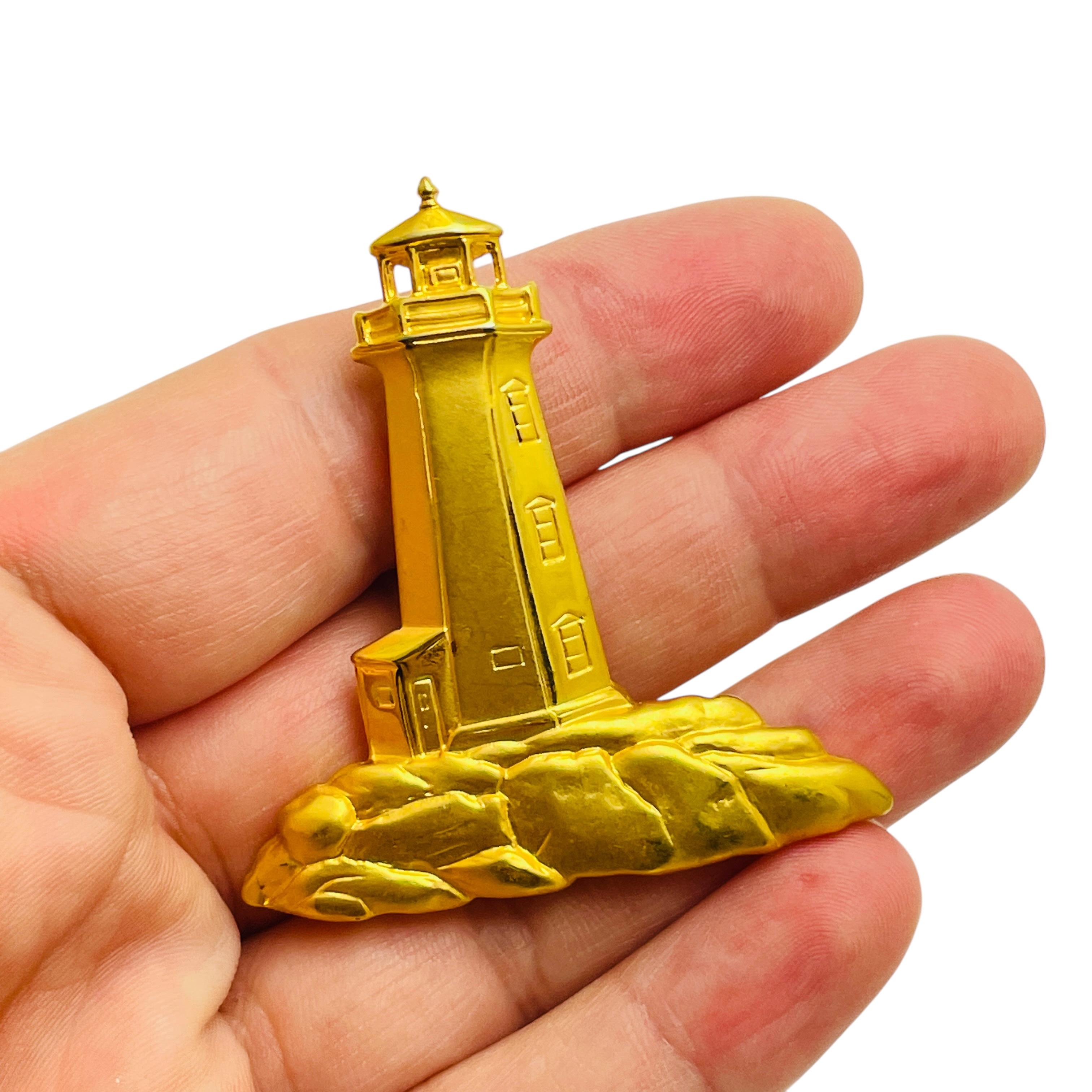 Women's Vintage JJ signed gold tone lighthouse designer brooch For Sale