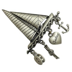Vintage JJ signed sailing boat silver designer brooch