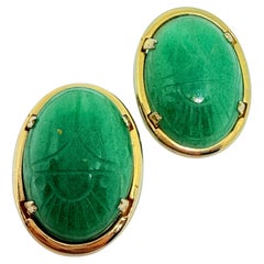 Vintage JJJ Co 1 /20 12k gold filled green jade carved scarab clip on earrings